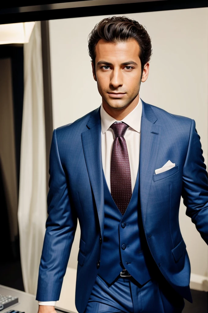 arafed man in a suit and tie standing on a studio gaming, suit , perfect face,blue eyes, brown hair, attractive man, handsome man, wearing a business suit, wearing suit, dressed in a suit, wearing a suit and a tie, wearing a suit, tailored clothing, handsome male, suit and tie, wearing business suit, well - dressed, wearing a suit and tie