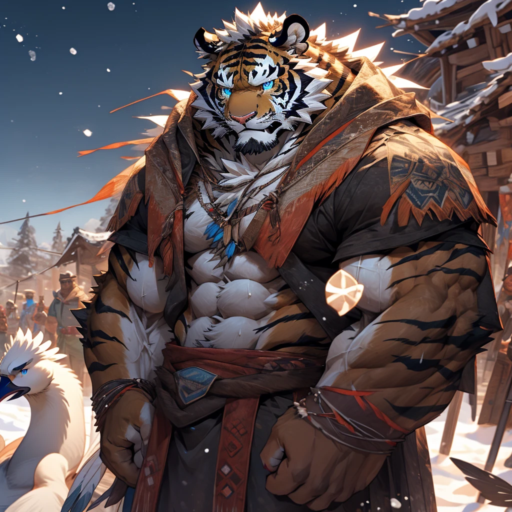 snow leopard,male,aldult,alone,4K,best quality,lie down,looking at the audience,hairy body,Upper body exposed,bared chest,white chest fur,Hairy chest,furry tail,chest muscles,Pink nipples,Six-pack abs,biceps,anatomically correct,Delicate fur,pride,soft shadow,majestic,Detailed face,High quality eyes,golden eyes,black pupils,Sharp eyes,Grandiose,Valiantary,kimono,wrap,Confident smile,Seductive smile,Strong,mature,white snow,Snow,snow mountain,Blue sky and white clouds,The sun shines