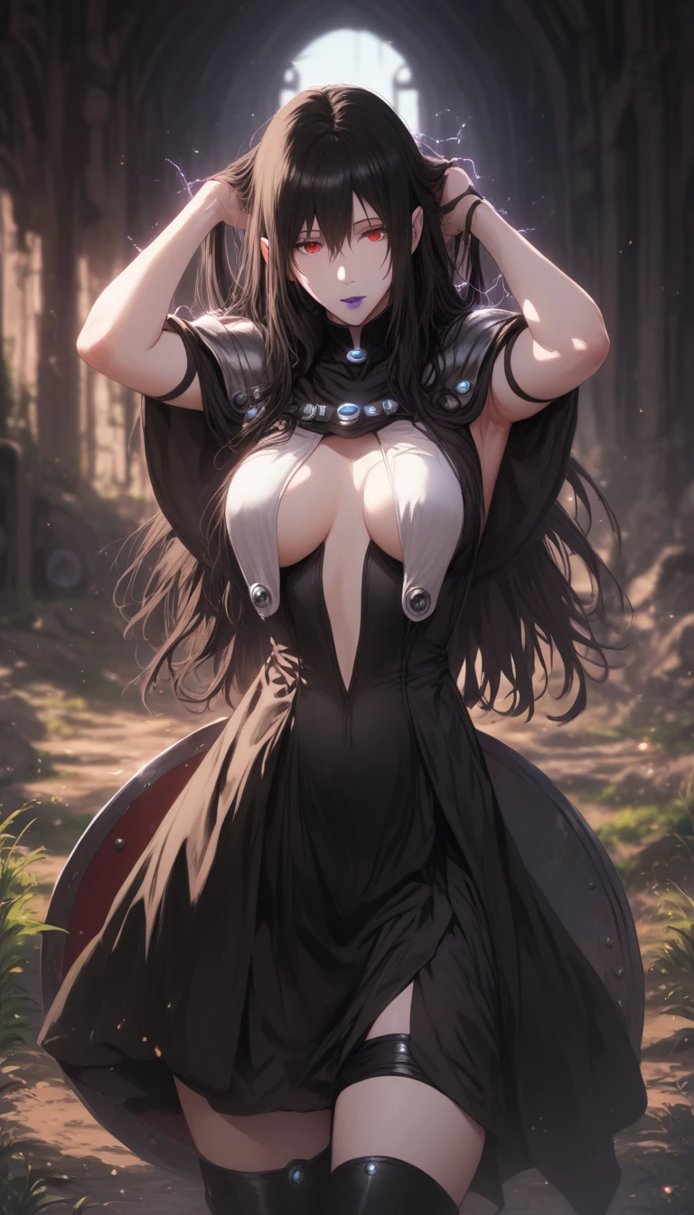 (hews art style:0.7), (hero neisan art style:0.7), score_9, score_8_up, score_7_up, score_6_up, score_5_up, score_4_up, uncensored, black hair, red eyes, purple lipstick, hair between eyes, long hair, short pointy ears, pale skin, BREAK (masterpiece:1.2), best quality, high resolution, (detailed eyes:1.3), perfect lighting, (perfect hands, perfect anatomy), outfit-gantz, latex breast curtains, sword, holding sword, (shield:1.3), (holding shield:1.3), field, bokeh, hair flowing over, white_legwear, abandoned building, electricity, hollow eyes, expressionless, parted lips,