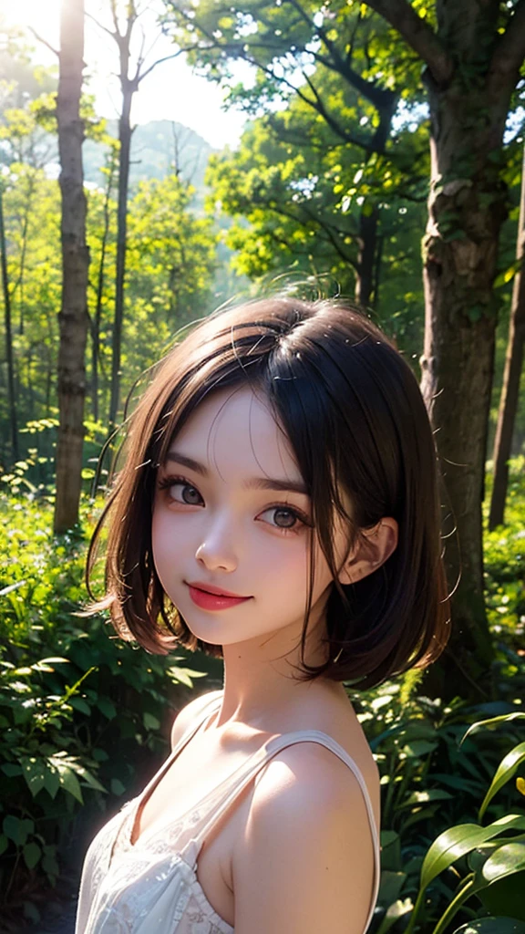 bare, beautiful girl, (((((small)))), Show faces, tongue sticking out, short hair, brown, 8ก, Professional photography, delicate, clear, In the forest, sun, light leak, Masterpiece, (beautiful)))), (reality)))), smile, amazing, angel, young, Shallow depth of field, 50 mm. F 1.8