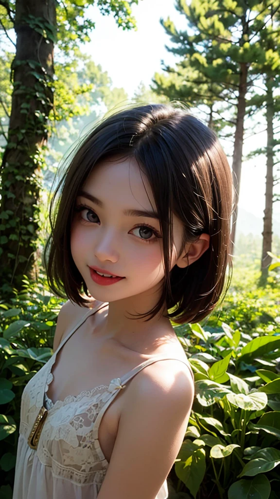 bare, beautiful girl, (((((small)))), Show faces, tongue sticking out, short hair, brown, 8ก, Professional photography, delicate, clear, In the forest, sun, light leak, Masterpiece, (beautiful)))), (reality)))), smile, amazing, angel, young, Shallow depth of field, 50 mm. F 1.8