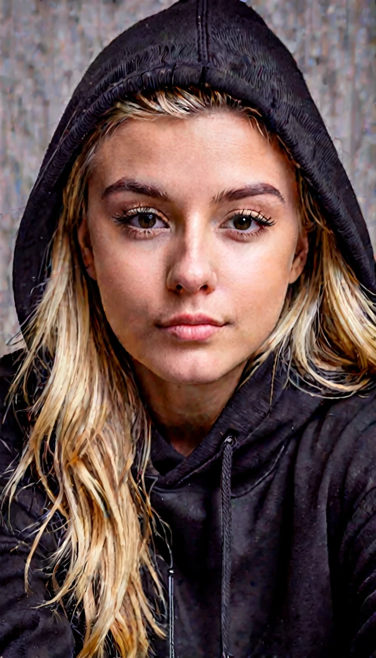 front view, selfie picture of a blonde girl in her 20s, emotionless, wearing black hoodie