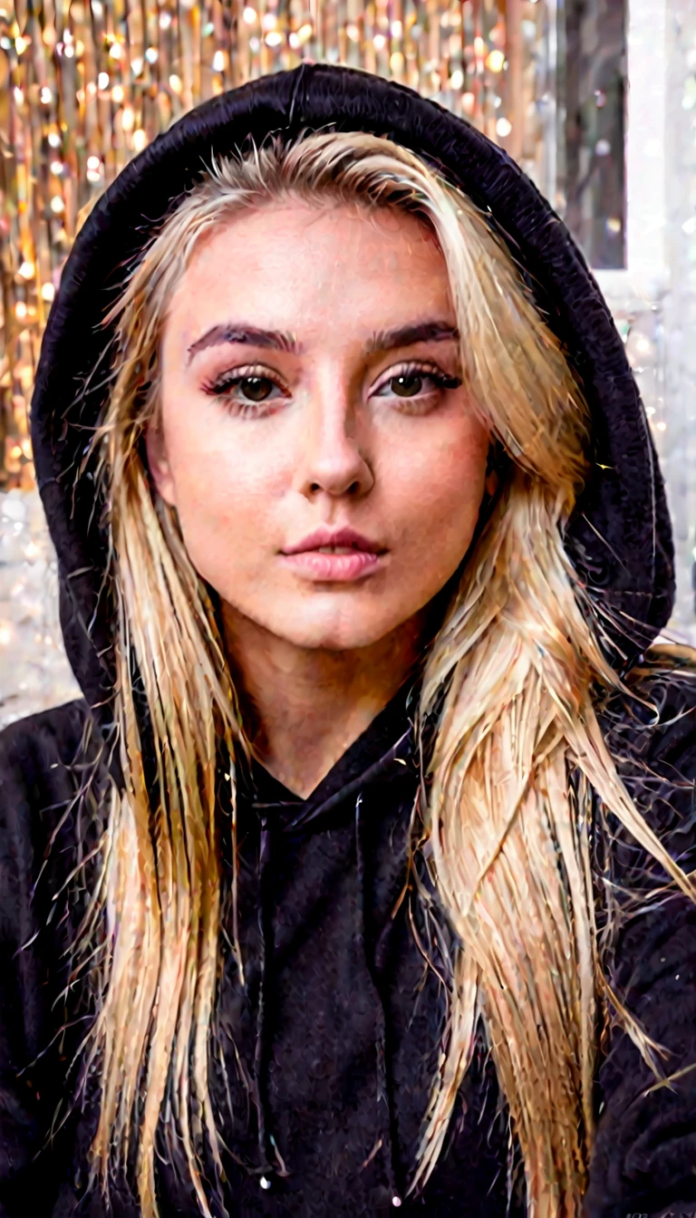 front view, selfie picture of a blonde girl in her 20s, emotionless, wearing black hoodie