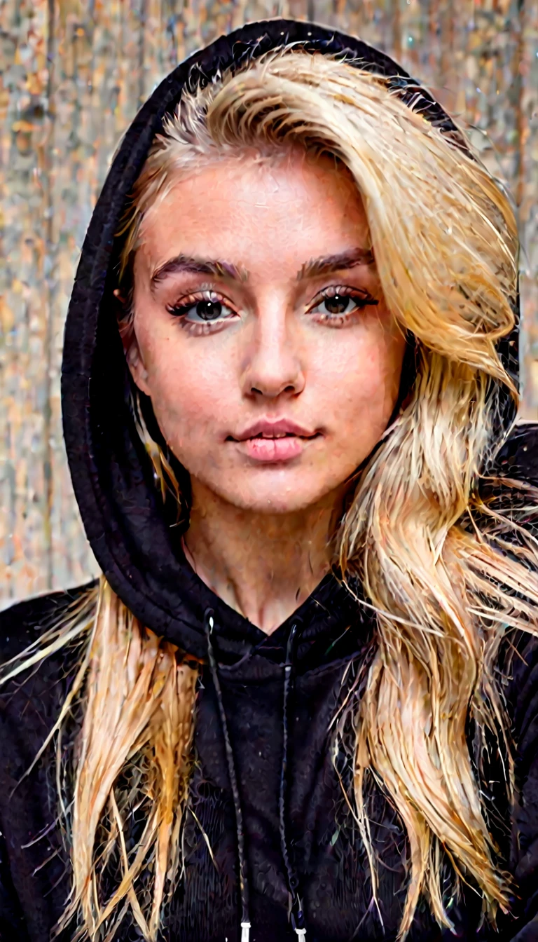 front view, selfie picture of a blonde girl in her 20s, emotionless, wearing black hoodie