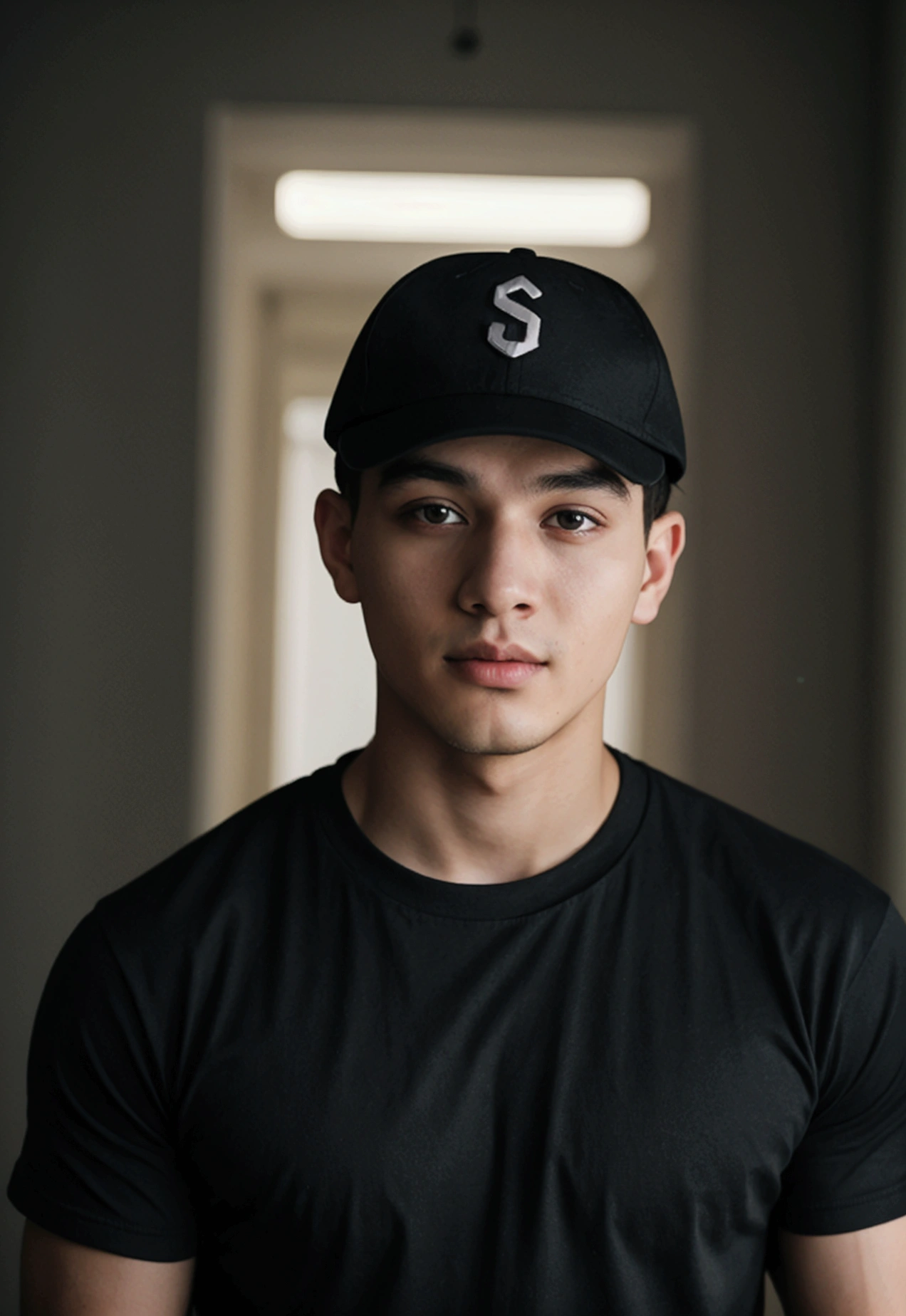 A 22 year old man, wearing a black t-shirt tight to the body, super realistico, cinematic effect, short hair in military haircut style, wearing a curved brim cap with the letter S, background with dark environment, good lighting as if it were a scene from a movie, 8k, ultra realisitic, sharp.