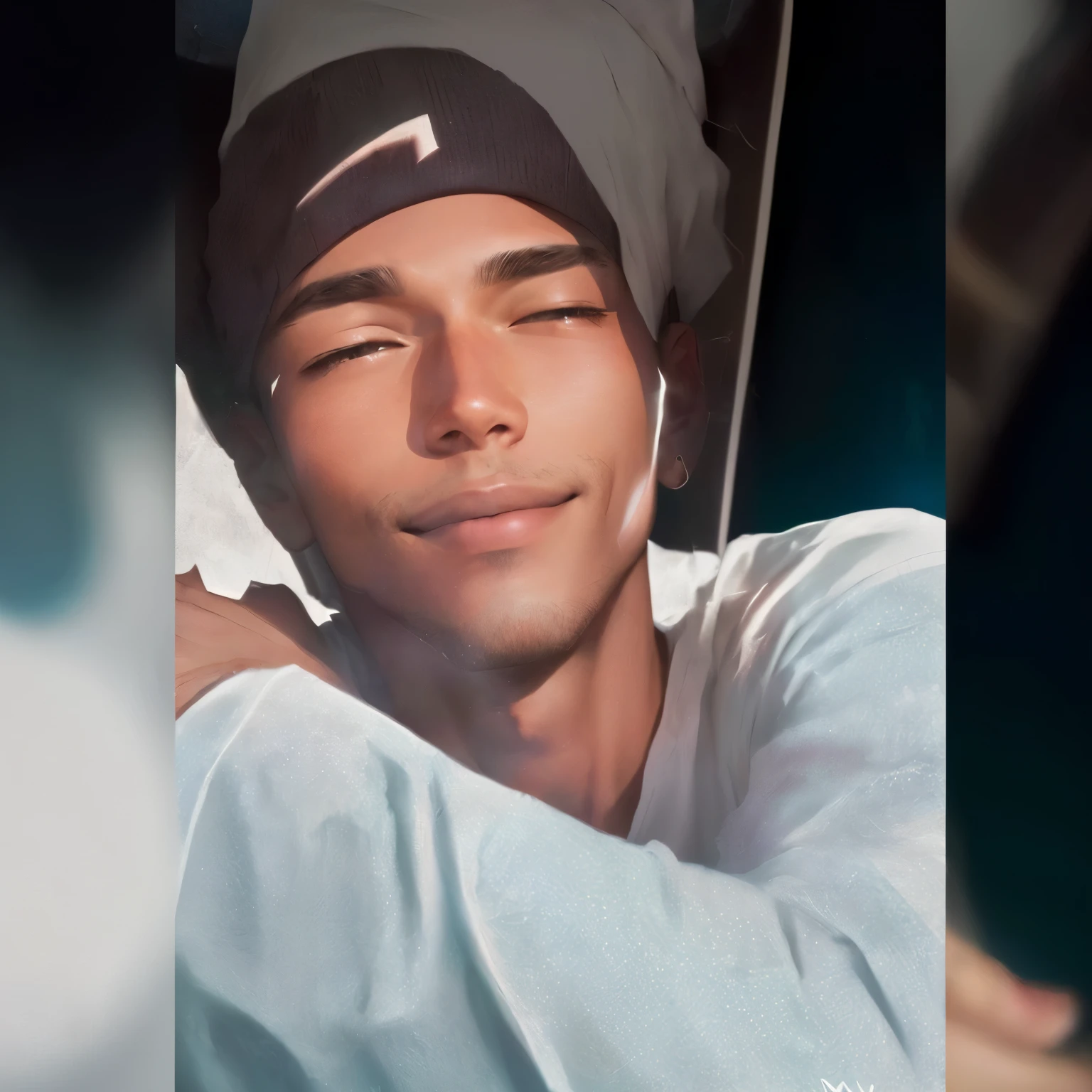 sharp man with hat on his head and white shirt, relaxed smile on your face, sleepy expression, he is very relaxed, snapchat photo, smooth in _ o fundo, chilling, leaked photo, high quality upload, post, beautiful face, profile image, peaceful expression, laying down, relaxed expression, ((supersaturated))