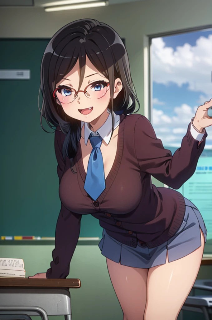 (((pixel-perfect, detail-perfect))), solo, 1girl, blue ribbon, , necktie, looking at viewer, smile, flat chest, curvy, big breasts, grin,my room,socks,,cardigans,miniskirt,classroom,grin,open mouth,tongue,
