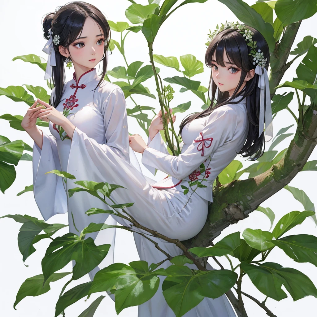 ((RAW Photos)), ((masterpiece)), (Young woman wearing ao dai with plant image,Holding a bow:1.1), Full Body,Intricate details, View your viewers, Complex game character depiction, beautiful, Fine eyes and lips,(Detailed depiction of the hands:1.2),Small breasts,White background,Fantasy,Perfect Face, (1 girl:1.2),Shiny, clear, big eyes,輝くbeautiful前髪