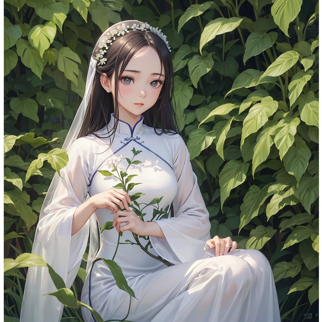 ((RAW Photos)), ((masterpiece)), (Young woman wearing ao dai with plant image,Holding a bow:1.1), Full Body,Intricate details, View your viewers, Complex game character depiction, beautiful, Fine eyes and lips,(Detailed depiction of the hands:1.2),Small breasts,White background,Fantasy,Perfect Face, (1 girl:1.2),Shiny, clear, big eyes,輝くbeautiful前髪