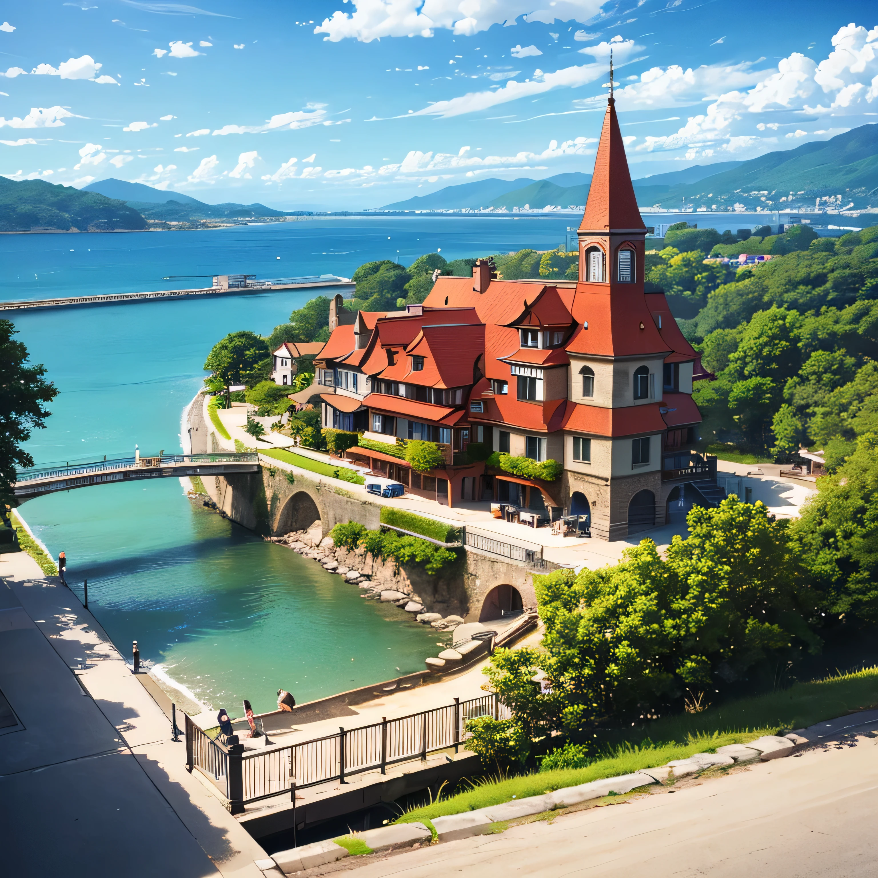 album cover, architecture, beach, blue sky, bridge, building, city, cityscape, cloud, cloudy sky, day, facing away, hood, horizon, house, lake, landscape, mountain, ocean, outdoors, railing, river, scenery, shore, sky, skyscraper, solo, tower, tree, water, waterfall