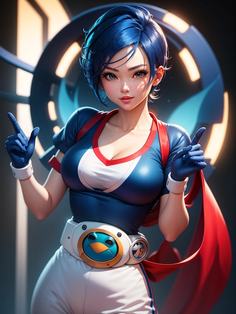 (at night), in a video game scene, a background of a beautiful city during the day raining, standing at attention, semi-short blue hair, on her head she has an object, a blue shirt on her chest has the face of a smiling frog logo type, big belt at the waist, blue fingerless gloves, white exercise pants ((blue hair)), 1 girl, alone, 20 years old, young woman, perfect hands, beautiful fingers, beautiful long legs, beautiful body, beautiful nose, beautiful character design, perfect face, looking at the viewer with serious gesture (focusing on his face), closed mouth, Light_Smile, official art, extremely detailed CG unity 8k wallpaper, perfect lighting, bright and colorful front lighting, skin glossy (masterpiece: 1.0), (best_quality: 1.0), ultra high resolution, 4K, ultra detailed photography, 8K, HDR, high resolution, nonsense:1.2, Kodak portra 400, film grain, blurred background, bokeh:1.2, lens flare, (vibrant_color:1.2), professional photography, (Beautiful, breasts: 1.4), (beautiful_face: 1.5), (narrow waist),