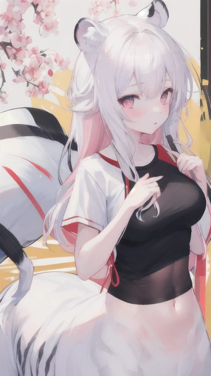 (best quality, masterpiece), 1 girl, centaur, It takes, White skin, Korean ,daughter, black pink,exposing the abdomen, belly button t-shirt , 아름다운 소녀 perfect white tiger photo, perfect white tiger photo