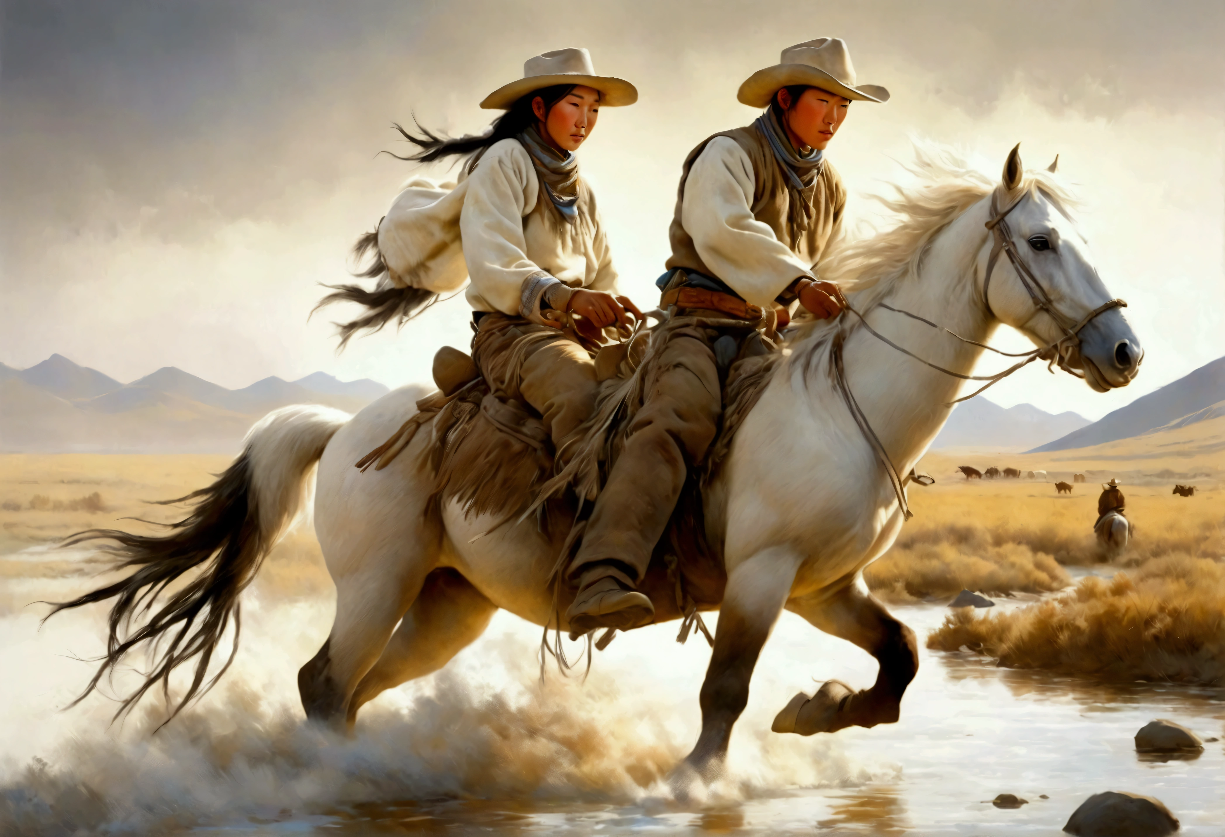 A stout Mongolian man (age 25, dirty and dingy, cowboy outfit dirty but mainly white) riding a white pony, she is part if a cattle drive crossing a stream, rolling plains