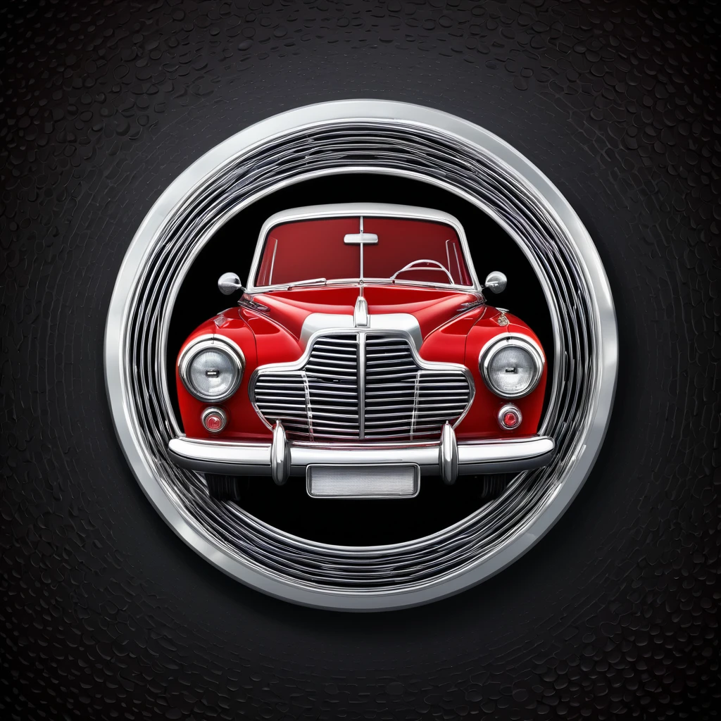 Emblem in the shape of a retro automobile, bright red and silver, silver front with bumps, circular plate, pattern on black background.