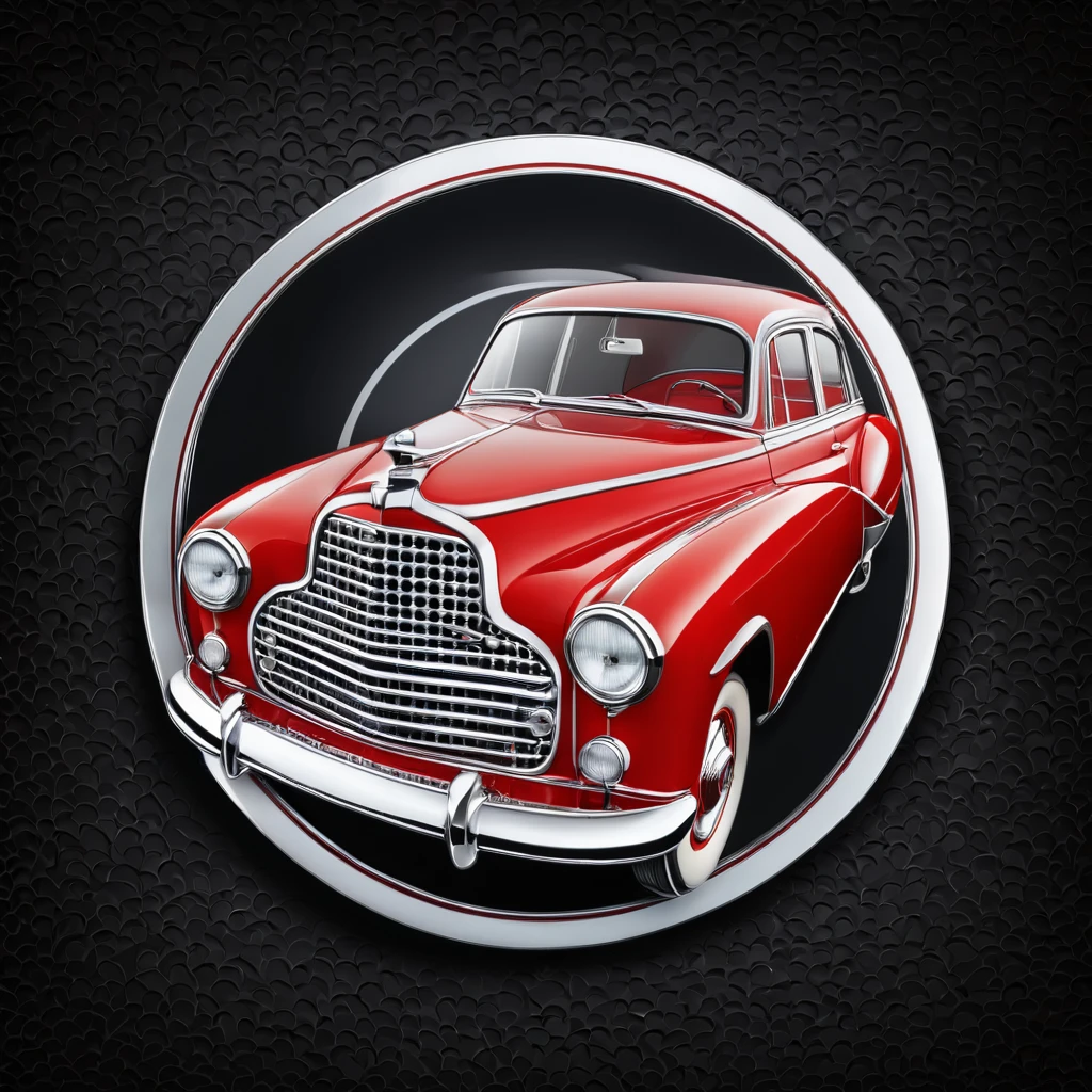 Emblem in the shape of a retro automobile, bright red and silver, silver front with bumps, circular plate, pattern on black background.