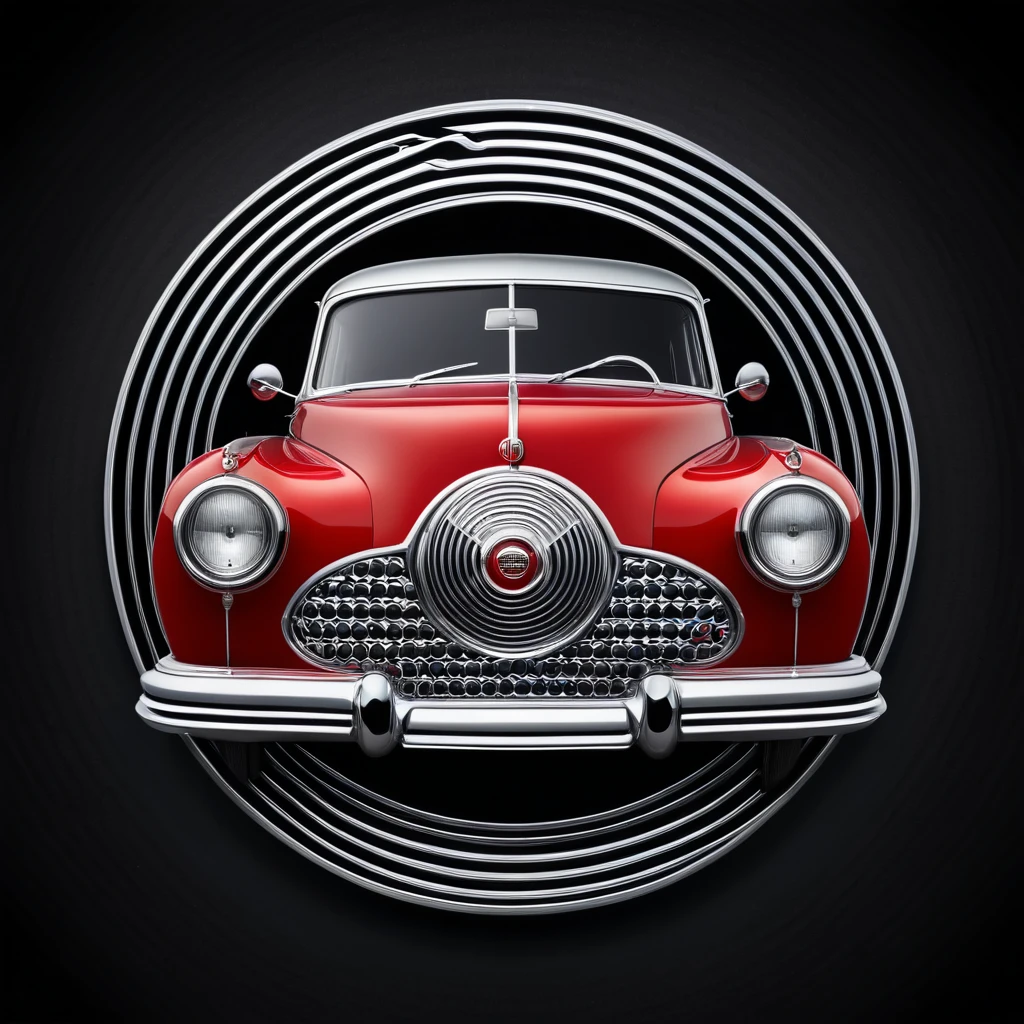 Emblem in the shape of a retro automobile, bright red and silver, silver front with bumps, circular plate, pattern on black background.
