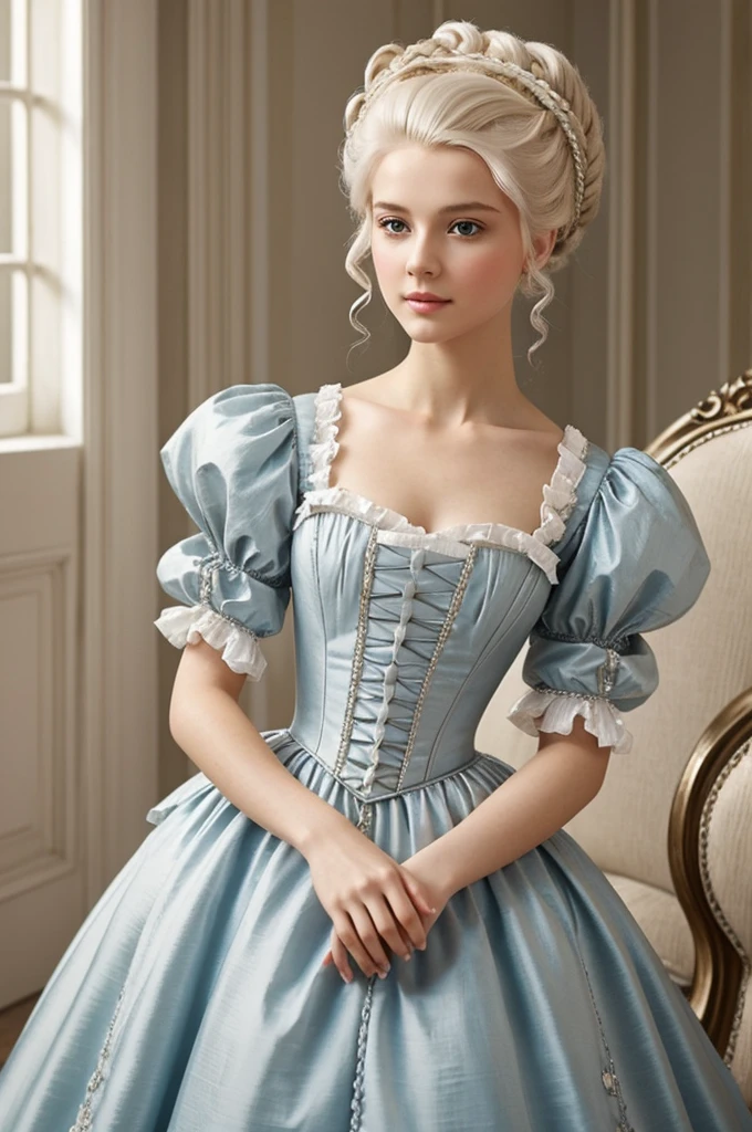 A cute and delicate girl with elegant and extravagant platinum blonde hairstyle, that the hairstyle will be according to the Victorian era. Have a dress like those worn in the Victorian era, something like Marie Antoinette's. That mainly her dress is seen more and that the structure of the image is like an old portrait, Let it be a drawing like those from the Victorian era