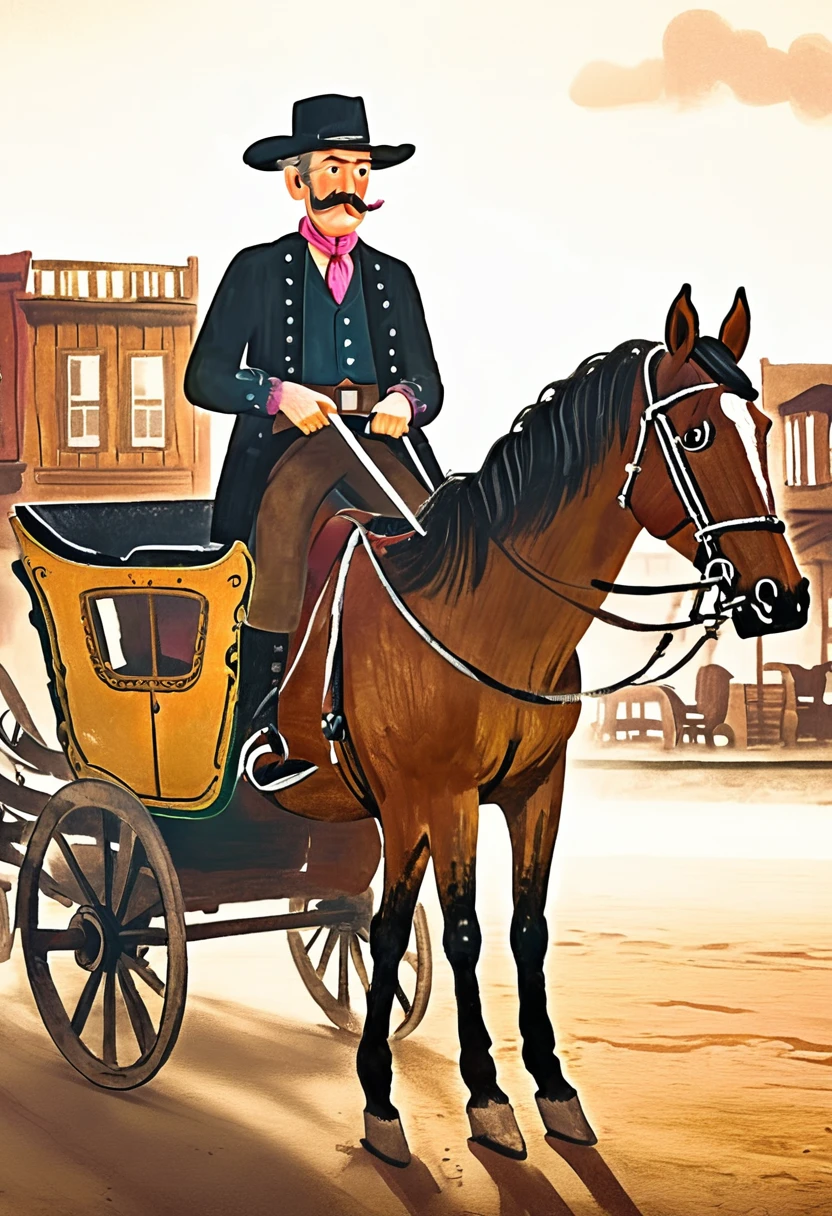 a cowboy riding a horse-drawn carriage, detailed portrait, realistic, photorealistic, 8k, cinematic lighting, dramatic atmosphere, dusty old west setting, John Wayne, rugged features, intense gaze, chiseled jawline, antique carriage, wooden wheels, horse-drawn, old west town in background, natural lighting, warm color palette, vintage film look, masterpiece