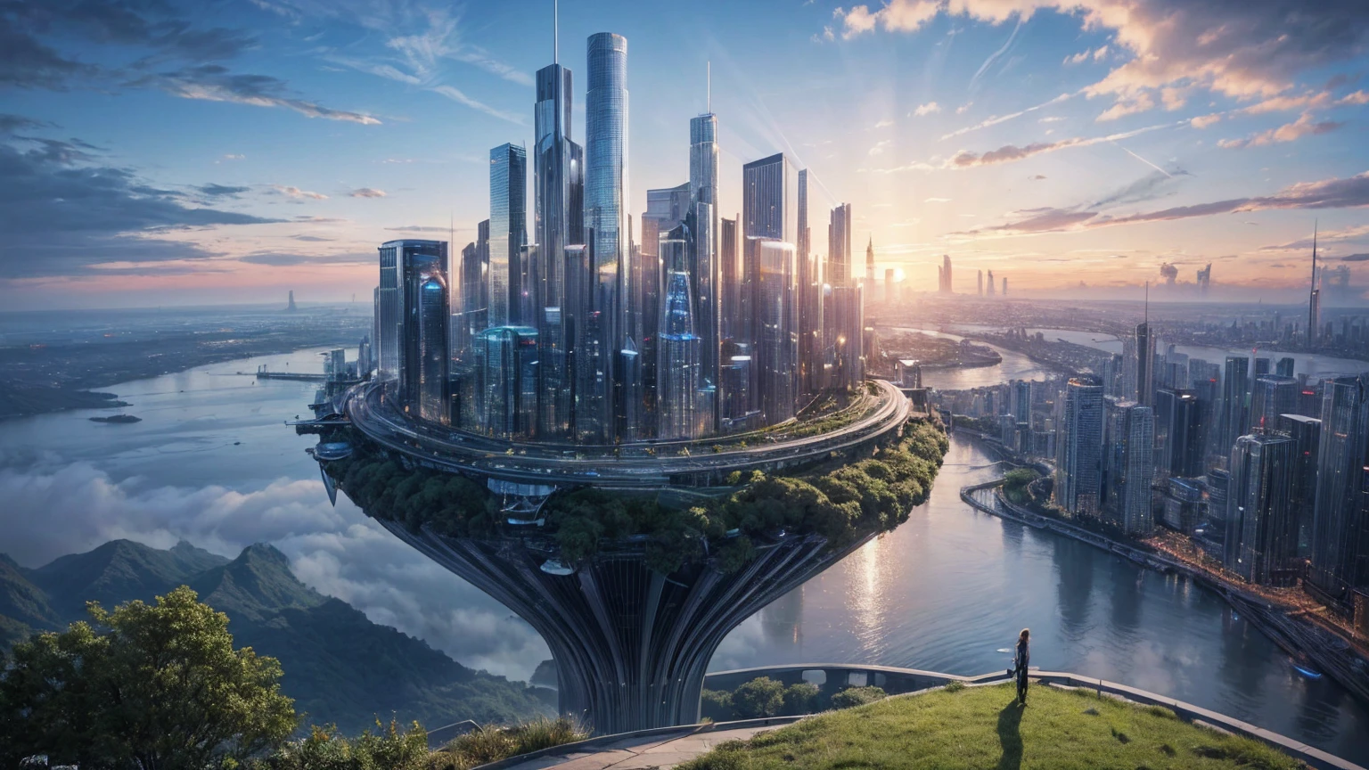 (Best quality,4K,8K,A high resolution,Masterpiece:1.2),Ultra-detailed,(Realistic,Photorealistic,photo-realistic:1.37),Futuristic floating city,Futuristic technology,Huge urban high-tech tablet platform,Airship,Floating in the sky,Futuristic city,Small airships around,High-tech hemispherical platform,Colorful lights,Advanced architecture,modernn architecture,skyscrapper,Access the cloud,Scenic beauty,view over city,Impressive design,Blend seamlessly with nature,energetic and vibrant atmosphere,Futuristic transportation system,Parking is suspended,Transparent path,Lush greenery,Sky gardens,cascading waterfalls,Magnificent skyline,reflections on the water,Sparkling river,Architectural innovation,futuristic skyscrapers,Transparent dome,The shape of the building is unusual,Elevated walkway,Impressive skyline,Glowing lights,Futuristic technology,Minimalist design,Scenic spots,Panoramic view,Cloud Piercing Tower,Vibrant colors,epic sunrise,epic sunset,Dazzling light display,magical ambiance,The future city,Urban Utopia,LuxuryLifestyle,Innovative energy,sustainable development,Smart city technology,Advanced infrastructure,Tranquil atmosphere,Nature and technology live in harmony,Awesome cityscape,Unprecedented urban planning,Architecture connects seamlessly with nature,High-tech metropolis,A cutting-edge engineering marvel,The future of urban living,Visionary architectural concept,Energy-efficient buildings,Harmony with the environment,A city floating above the clouds,Utopian dreams become reality,The possibilities are endless,State-of-the-art transportation network,Green energy integration,Innovative materials,Impressive holographic display,Advanced communication system,Breathtaking aerial view,Quiet and peaceful environment,Modernist aesthetics,Ethereal beauty