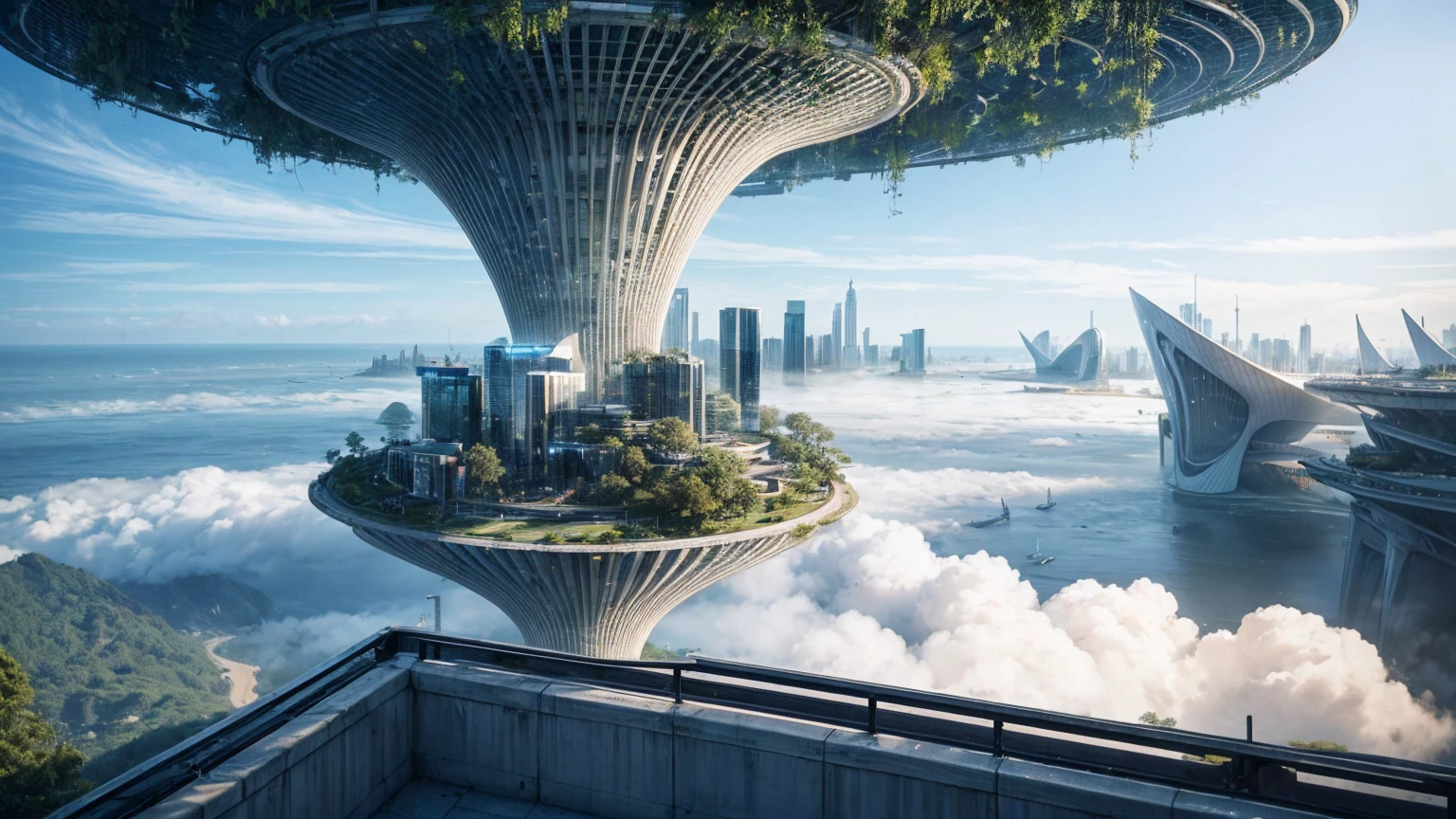 (Best quality,4K,8K,A high resolution,Masterpiece:1.2),Ultra-detailed,(Realistic,Photorealistic,photo-realistic:1.37),Futuristic floating city,Futuristic technology,Huge urban high-tech tablet platform,Airship,Floating in the sky,Futuristic city,Small airships around,High-tech hemispherical platform,Colorful lights,Advanced architecture,modernn architecture,skyscrapper,Access the cloud,Scenic beauty,view over city,Impressive design,Blend seamlessly with nature,energetic and vibrant atmosphere,Futuristic transportation system,Parking is suspended,Transparent path,Lush greenery,Sky gardens,cascading waterfalls,Magnificent skyline,reflections on the water,Sparkling river,Architectural innovation,futuristic skyscrapers,Transparent dome,The shape of the building is unusual,Elevated walkway,Impressive skyline,Glowing lights,Futuristic technology,Minimalist design,Scenic spots,Panoramic view,Cloud Piercing Tower,Vibrant colors,epic sunrise,epic sunset,Dazzling light display,magical ambiance,The future city,Urban Utopia,LuxuryLifestyle,Innovative energy,sustainable development,Smart city technology,Advanced infrastructure,Tranquil atmosphere,Nature and technology live in harmony,Awesome cityscape,Unprecedented urban planning,Architecture connects seamlessly with nature,High-tech metropolis,A cutting-edge engineering marvel,The future of urban living,Visionary architectural concept,Energy-efficient buildings,Harmony with the environment,A city floating above the clouds,Utopian dreams become reality,The possibilities are endless,State-of-the-art transportation network,Green energy integration,Innovative materials,Impressive holographic display,Advanced communication system,Breathtaking aerial view,Quiet and peaceful environment,Modernist aesthetics,Ethereal beauty