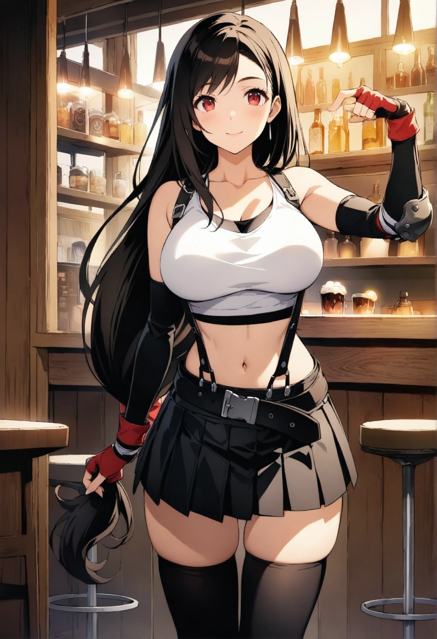 (score_9, score_8_up, score_7_up), BREAK (masterpeace),(best quality),(aesthetic,very aesthetic),(highly detailed),1girl, tifa lockhart, final fantasy,(beautiful). black hair, low-tied long hair, red eyes, bangs, white tank top, belt, pleated skirt, thighhighs, elbow fingerless gloves, elbow pads, midriff, navel,suspender skirt.zettai ryouiki,(big_breasts),Solo,upperbody,looking at viewer, vibrant, joyful,cafe and bar,,Showcasing cleavage ,counter,,fullbody,dynamic angle,fighting stance,professional lighting,cinematic lighting,