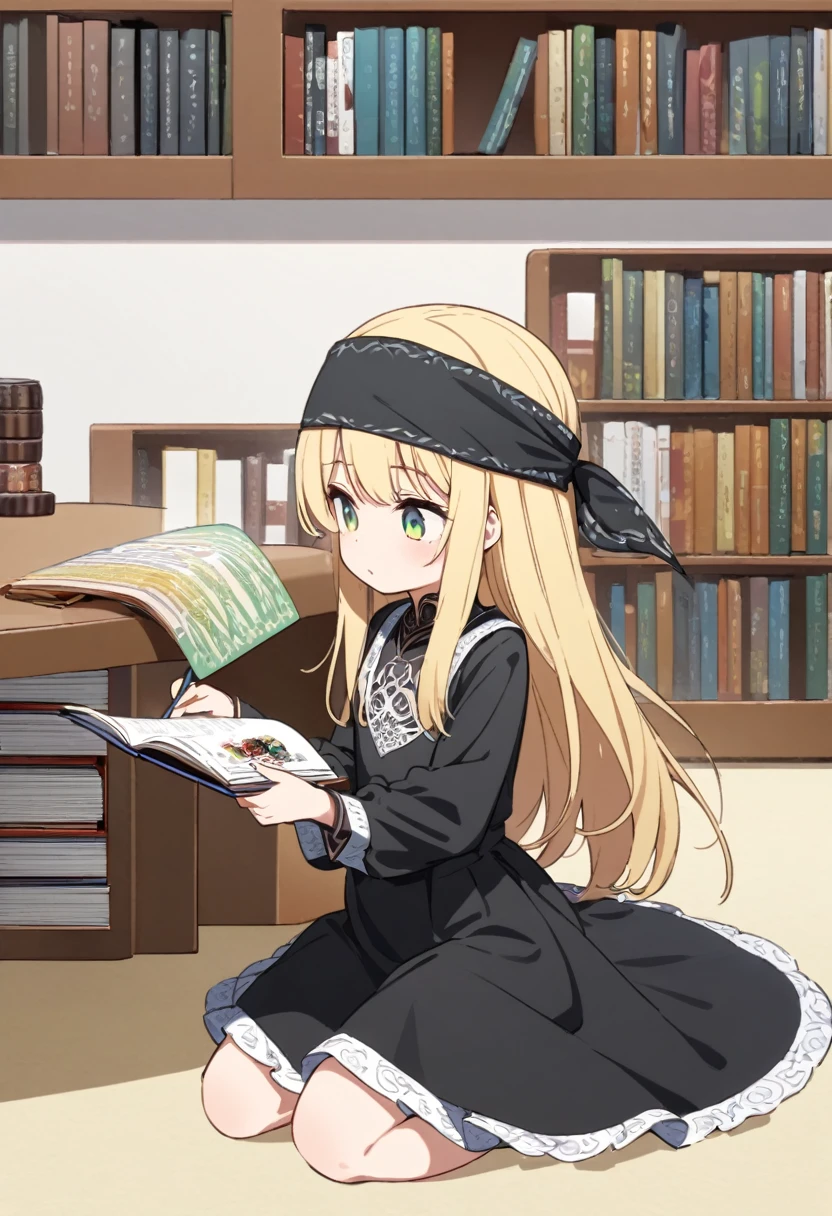 blonde,Long hair,wearing a bandana on her head,Green eyes,Wearing black traditional dress,flat chest,little girl,Background library,Kneeling,Reading,Poker face,Thinking about problems,cute