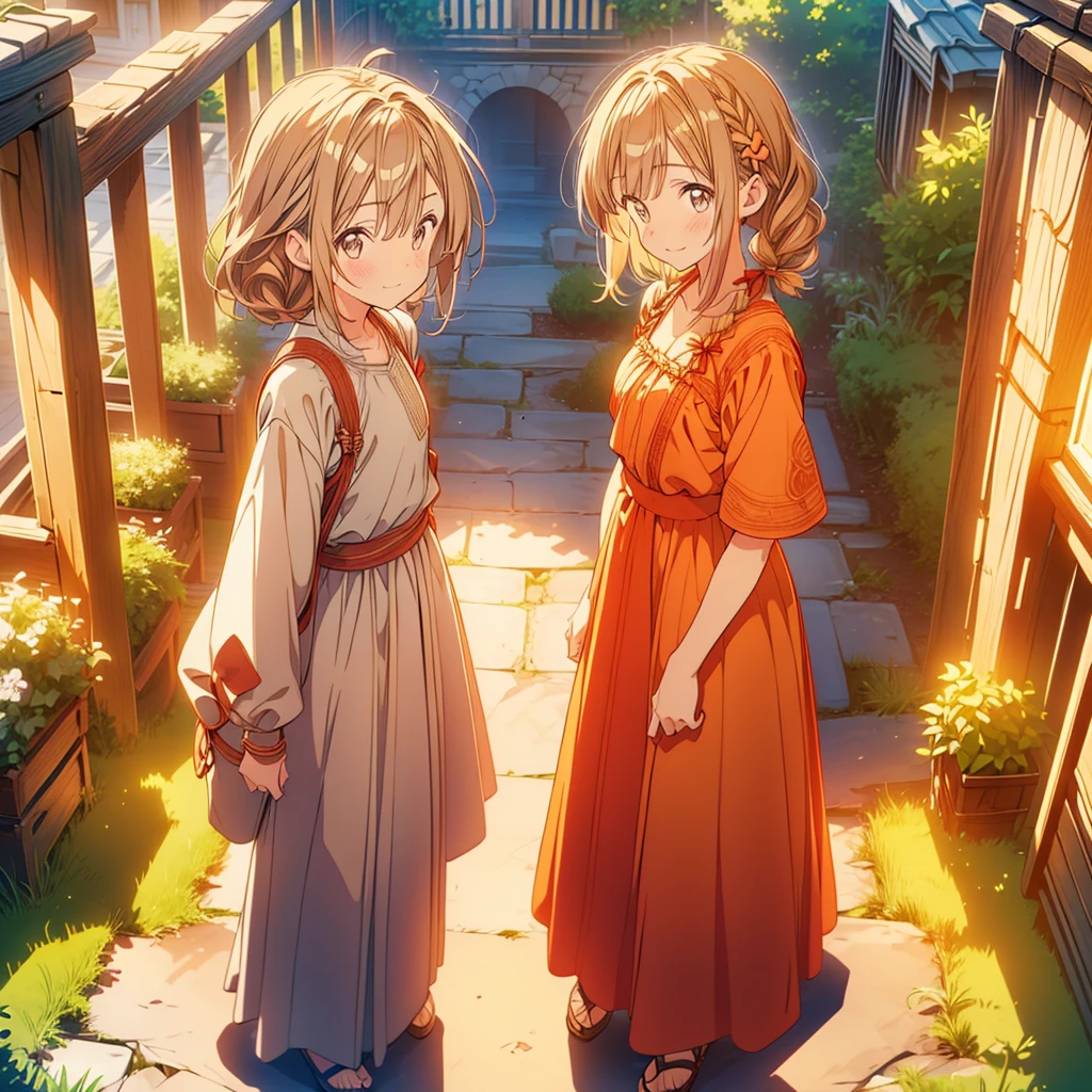 1girl,(anime coloring:1.2), best quality, looking at viewer, happy smile,short wavy hair, chestnut hair, feminine,(solid Maxi dress), (Light brown color Short sleeve Maxi dress:1.3),Medieval Europe,Ancient Village,((Fantasy)),900s AD,lively square,