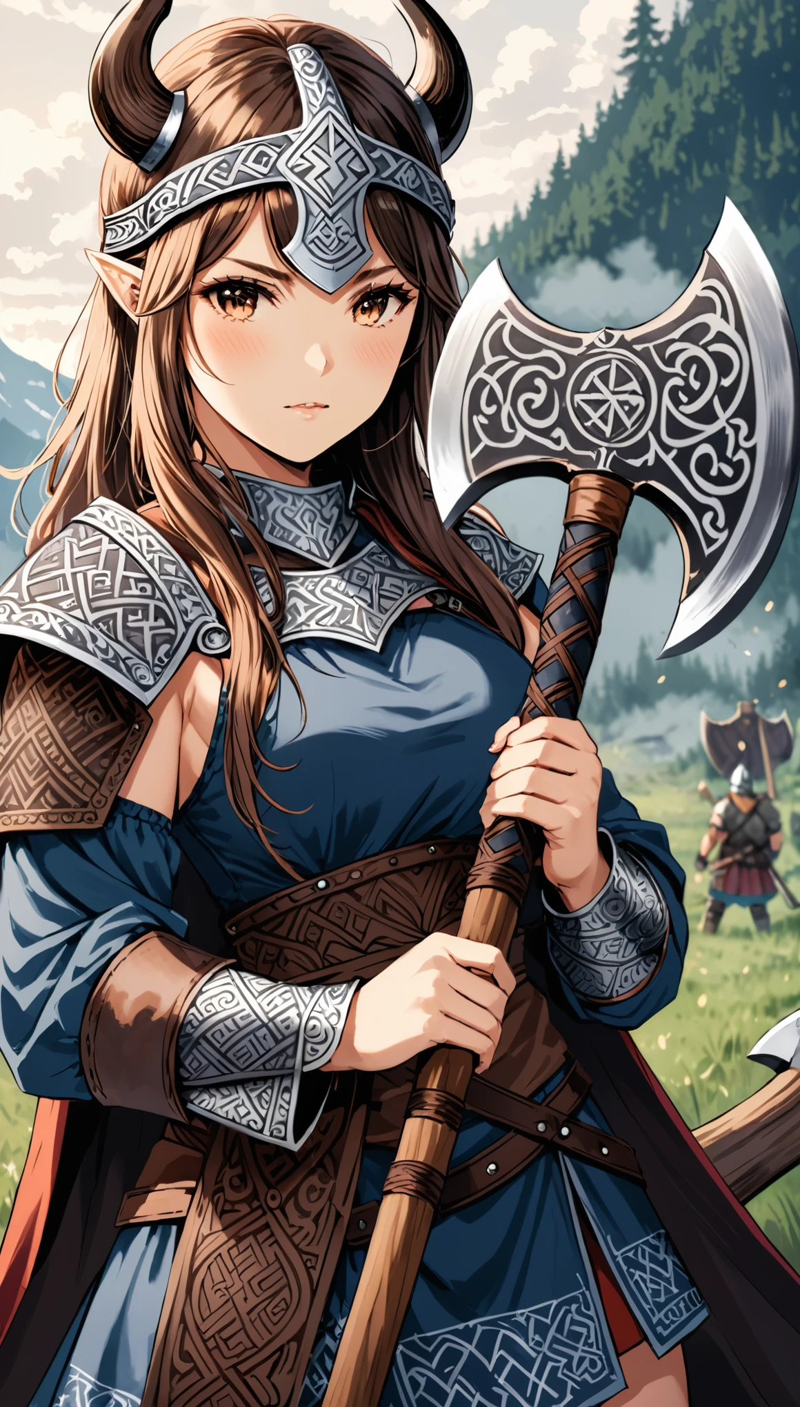 A Viking battle axe with carved patterns is held in the hands of a girl,Chop