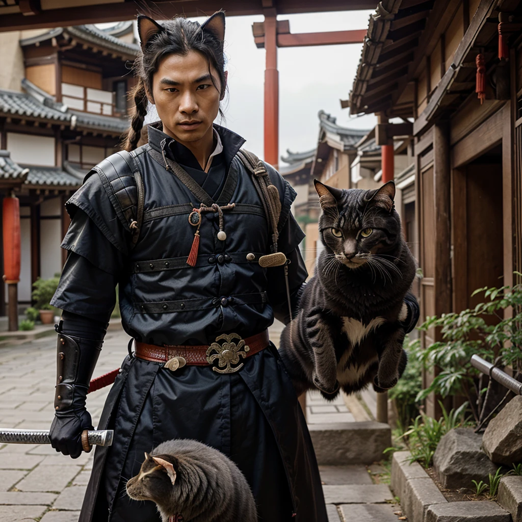 A samurai with the biology of a cat, in a Chinese setting, holding his sword 