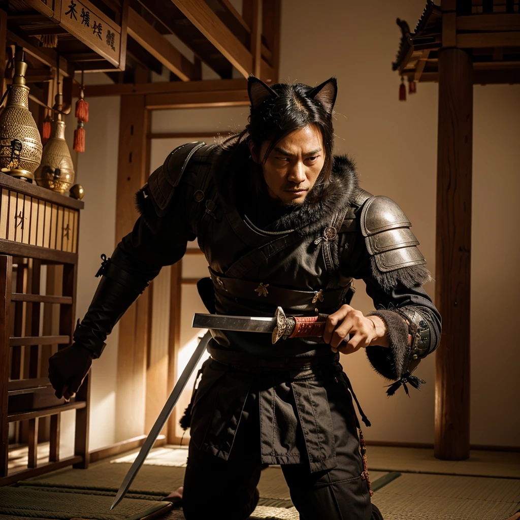 A samurai with the biology of a cat, in a Chinese setting, holding his sword