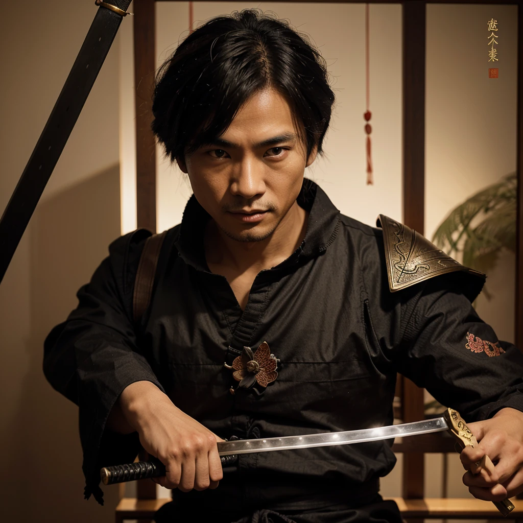 A samurai with the biology of a cat, in a Chinese setting, holding his sword
