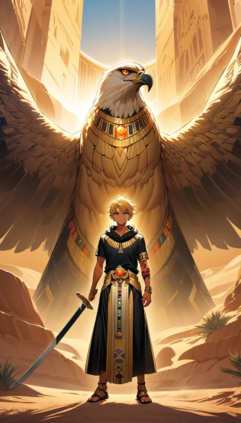 Desert Background,Handsome young man, blond, Orange Eyes, short hair, Black Hoodie,high quality, Draw Amount, pixiv illustrations,Tanned skin,Red tattoo on the arm,(Egyptian style,Egyptian Dress Up),sword,earrings,Sunlight,((Vision)),huge eagle,full-body shot