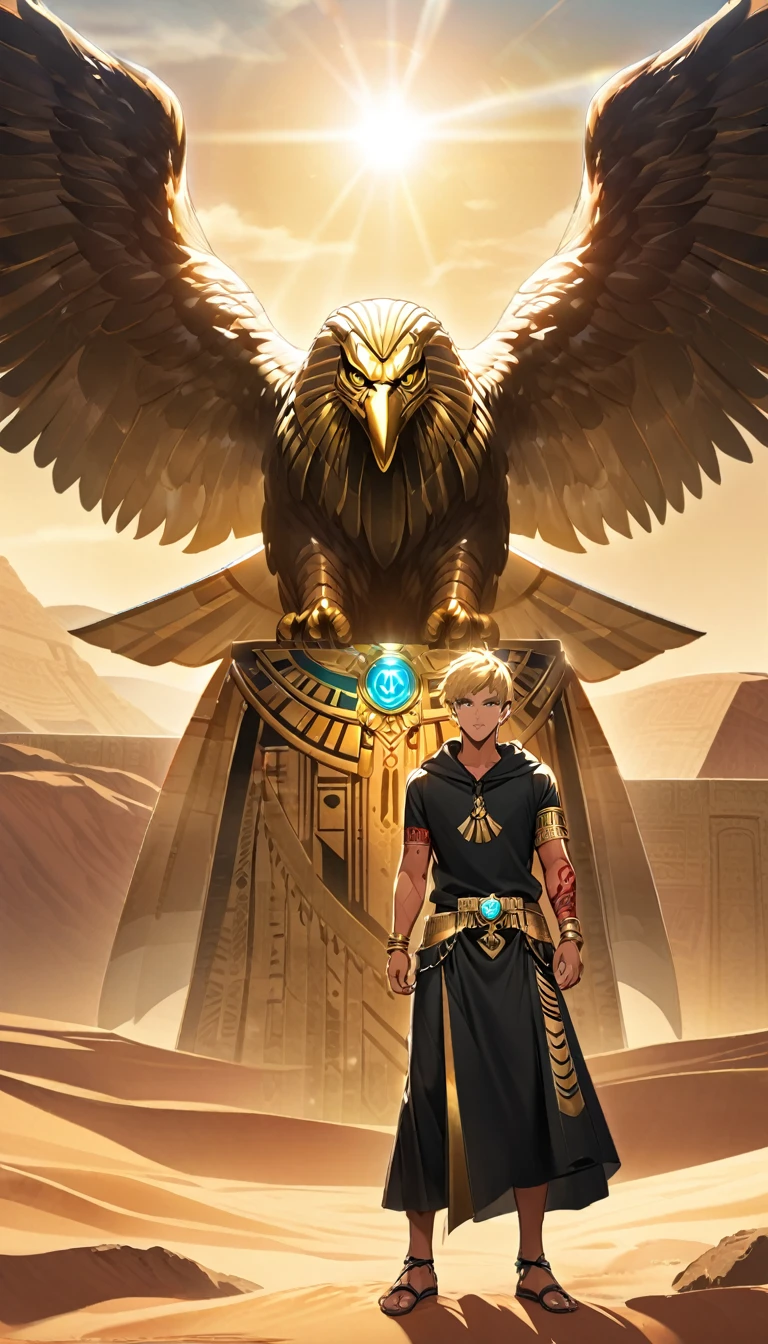 Desert Background,Handsome young man, blond, Orange Eyes, short hair, Black Hoodie,high quality, Draw Amount, pixiv illustrations,Tanned skin,Red tattoo on the arm,(Egyptian style,Egyptian Dress Up),sword,earrings,Sunlight,((Vision)),huge eagle,full-body shot