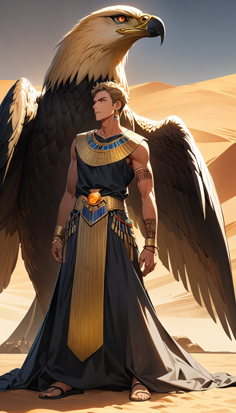 Desert Background,Handsome young man, blond, Orange Eyes, short hair, Black Hoodie,high quality, Draw Amount, pixiv illustrations,Tanned skin,Red tattoo on the arm,(Egyptian style,Egyptian Dress Up),sword,earrings,Sunlight,((Vision)),huge eagle,full-body shot