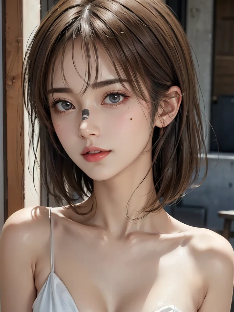 Photo realistic:1.2), One Woman, Japanese, Perfect Face, Cool beauty, Glossy lips, (((No makeup:1.5))), Perfect body, ((Ample breasts)), White Dress, Turn your face towards me, From the side, Party Venue, light brown hair, very short hair, mole under eye, eyeball, longeyelashes, over-rim eyewear, light smile, parted lips, masterpiece, accurate, anatomically correct, textured skin, super detail, high details, high quality, best quality