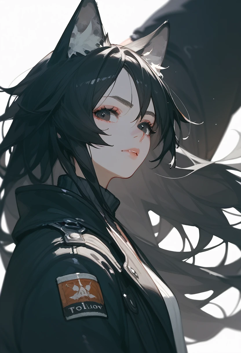 1 Girl, Black Hair,Long hair,Wolf ears wolf tail, black eyes, Tooling,Black coat,Punk style,Long socks,portrait, White background