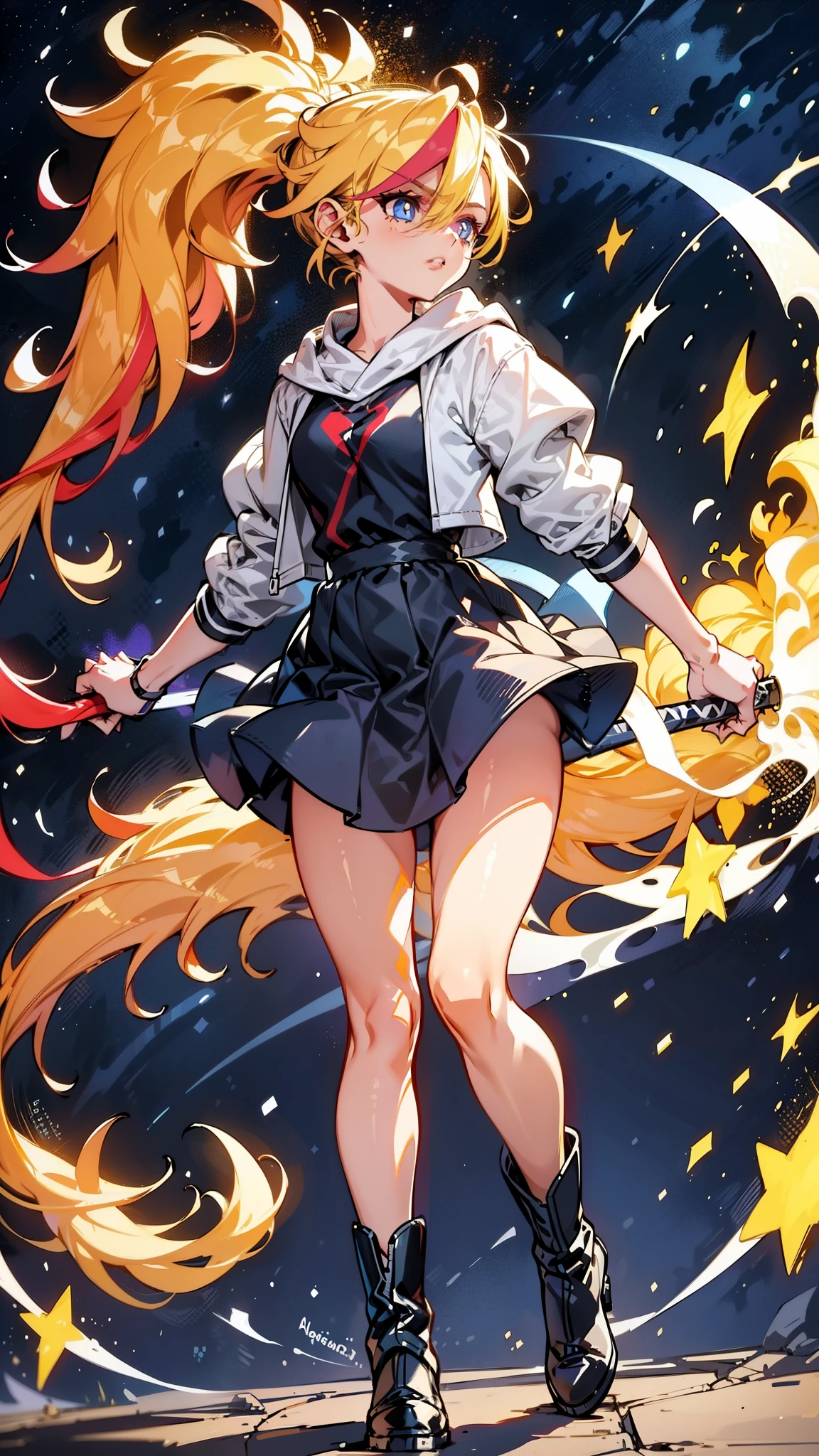 1 girl, ultra long hair, ultra detailed face, glowing lips, glowing blue eyes, very long ponytail, elegant walk, catwalk, holding down a  giant katana, blonde, long eyelashes, long boots , looking to the sky, starry sky, a ultra giant katana 