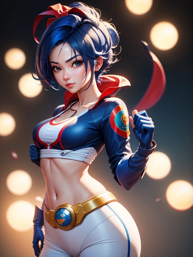 (at night), in a video game scene a background of a beautiful city during the day raining, standing at attention, semi-short blue hair, blouse with an anime frog face, white flared pants, wears blue exercise gloves, has round goggles on her head, WEARS a RED scarf around her neck, huge belt with a round shawl, ((blue hair)), 1 girl, alone, 20 years old, young woman, perfect hands, beautiful fingers, beautiful long legs, beautiful body , beautiful nose, beautiful character design, perfect face, looking at the viewer with serious gesture (focusing on his face), closed mouth, Light_Smile, official art, extremely detailed CG unity 8k wallpaper, perfect lighting, bright and colorful front lighting , shiny skin (masterpiece: 1.0), (best_quality: 1.0), ultra-high resolution, 4K, ultra-detailed photography, 8K, HDR, high resolution, nonsense:1.2, Kodak portra 400, film grain, blurred background, bokeh: 1.2, lens flare, (vibrant_color:1.2), professional photography, (beautiful_face: 1.5), (narrow waist),
