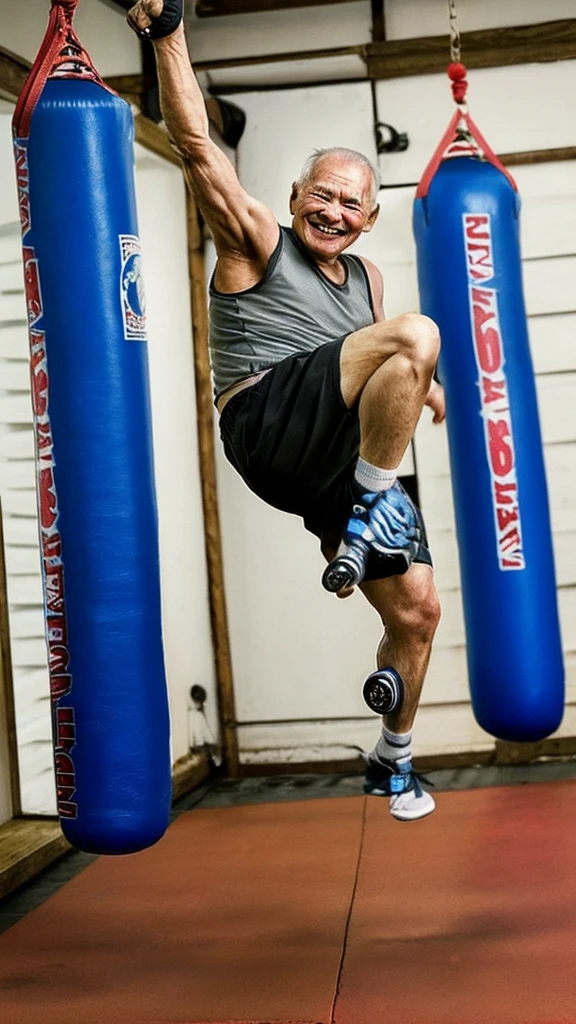 Old man kicking a punching bag, thin old man, smiling, eyes bulging, sweating, weak kick