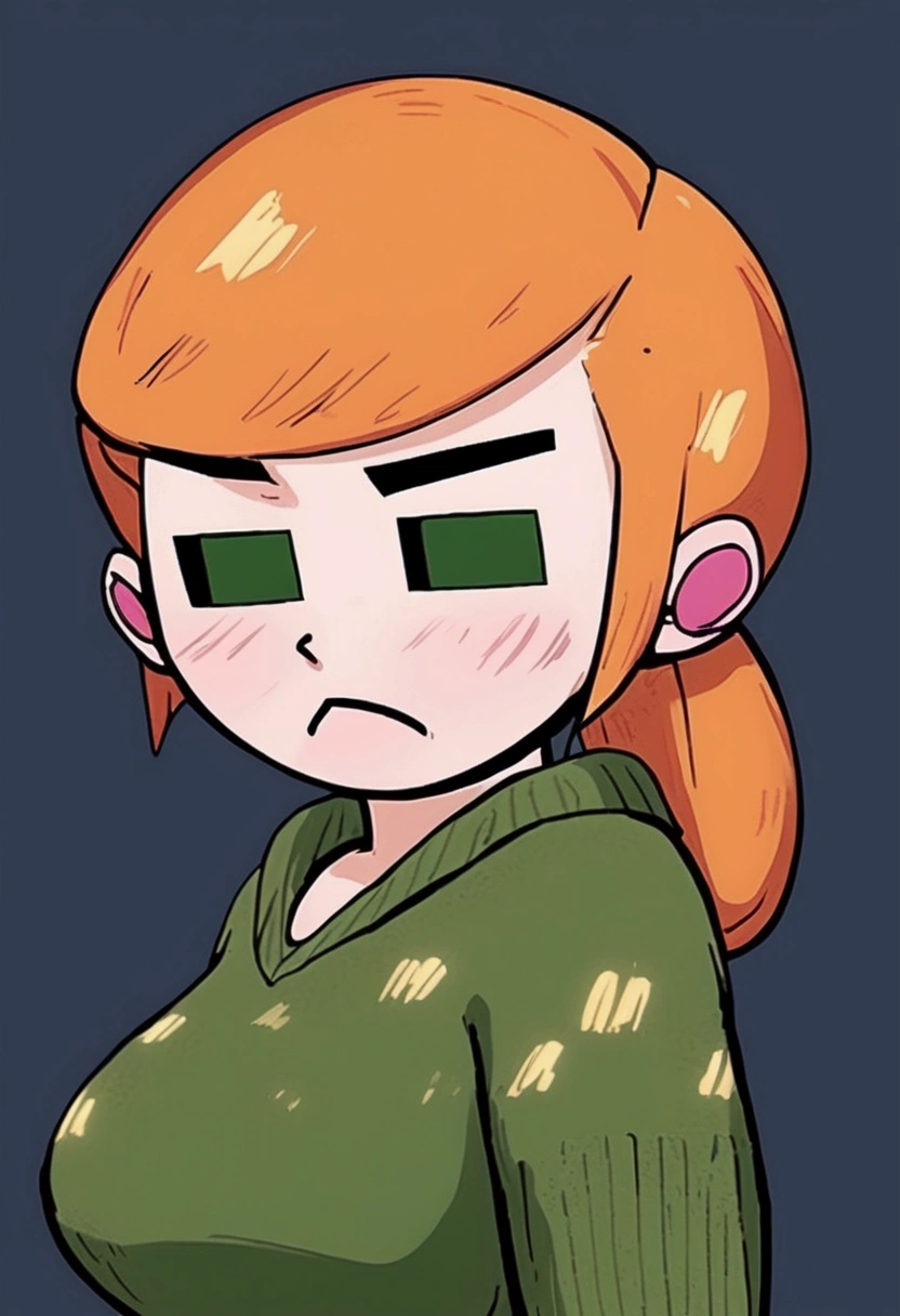 drawing of a woman in a green shirt and a green sweater, she has a cute face e expressivo, Abigail de Stardew Valley, madeline da celeste, [[[[grinning wickedly]]]], she has a cute face, slightly happy facial expression, cel - shaded art style, she has a distant expression, pale round face, bored expression