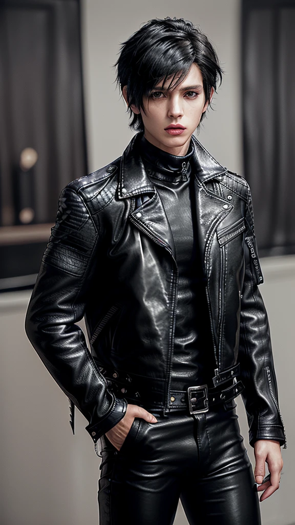 Final fantasy taste and reality graphics, ((Japanese young cute and cool ikemen boy)), his age is early 20s, thin eyebrows and beady eyes, ((he wearing black color leather thick and heavy material jacket)), ((jacket is single brest)), ((biker style jacket)), ((jacket is large size)),((with epaulet)), ((jacket is long sleeve)), ((zipped front of the leather jacket)), , ((voluminous leather jacket)), ,((must jacket is high length and stand-up collar)) ((jacket collar with two belts)), ((jacket is a little black color line pattern)), ((also wearing black thick material turtleneck lackluster shirts)), ((tight black leather pants)), ((put black leather tight and thin glove on both hands)), ((black leather glove)),((black leather knee-high raceup boots)),((must views head-to-toe)),((must views whole body)), ,((Do not show skin from the neck down)),leather jacket leather glove and leather pants have few wrinkles, Avoid showing your innerwear,zip up jacket fastner.must put on a leather glove.
Boy is black hair.boy looks like fashion model.
Boy in the dim room.