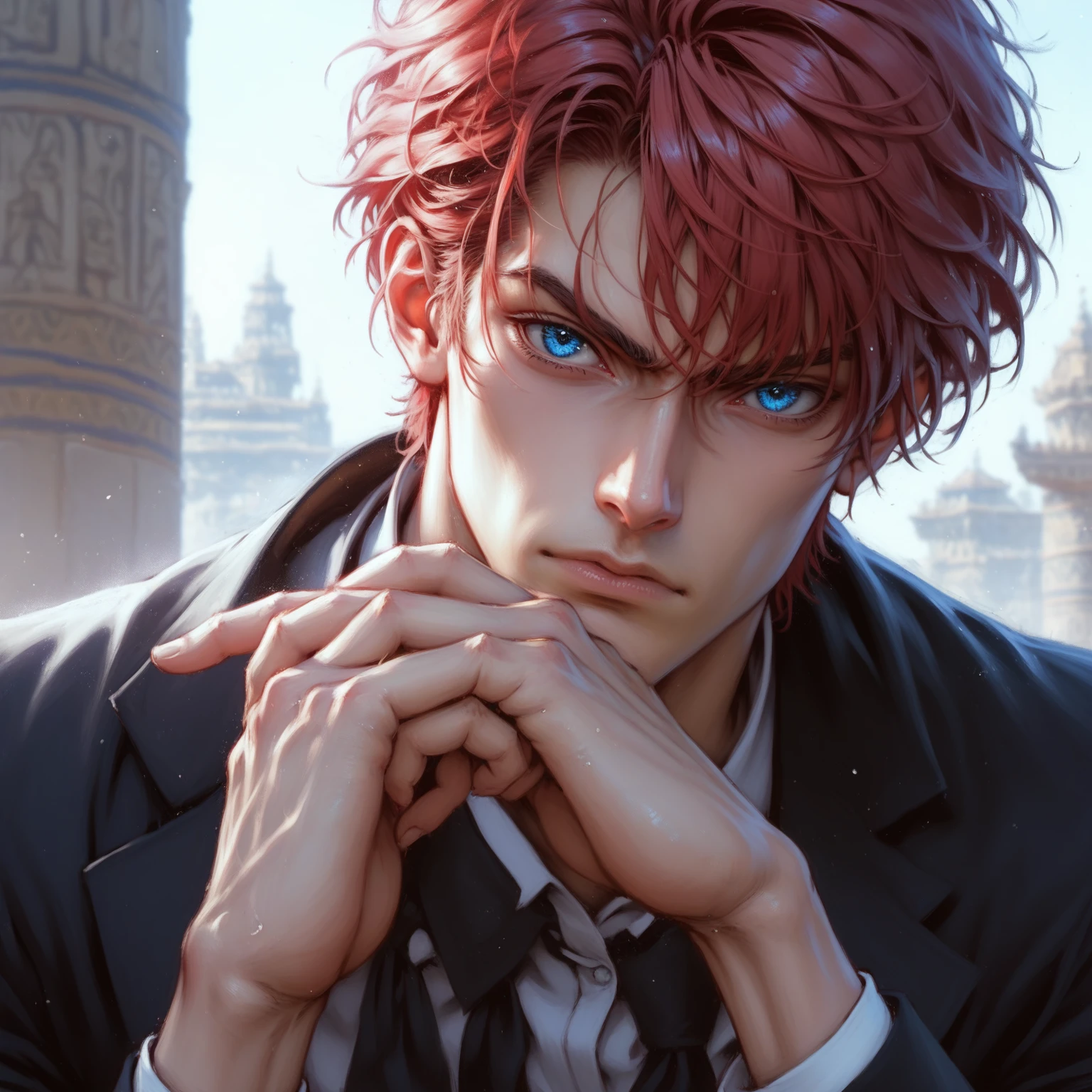 absurdities, High resolution, ultra detailed, HdR, masterpiece, Extremely detailed face and eyes, Red hair, disheveled, fringe, bushy eyebrows, White skin, serious, angry eyebrows, expressive blue eyes, detailed eyes, LOOKING AT THE SPECTATOR, 1 man, 30 year old man, Red hair oscuro, rasgos masculines, elegant, magical clothes with golden details, masculine, sorcery clothing, coffee cover, coffee tones clothing, archeology background, beefy chest, egyptian theme, Complete plan