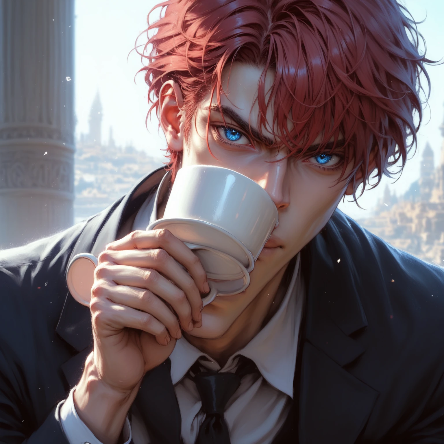 absurdities, High resolution, ultra detailed, HdR, masterpiece, Extremely detailed face and eyes, Red hair, disheveled, fringe, bushy eyebrows, White skin, serious, angry eyebrows, expressive blue eyes, detailed eyes, LOOKING AT THE SPECTATOR, 1 man, 30 year old man, Red hair oscuro, rasgos masculines, elegant, magical clothes with golden details, masculine, sorcery clothing, coffee cover, coffee tones clothing, archeology background, beefy chest, egyptian theme, Complete plan