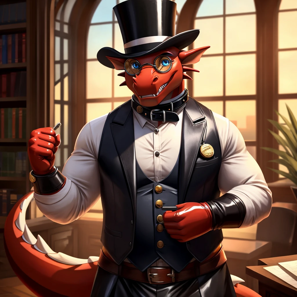 Male, fat, extremely obese, gentleman, dapper Professor Dragon, blue eyes, (posing:1.3), (soft shading), 4k, hi res, ((detailed face, detailed)), looking at viewer, mouth wide open, steampunk, dapper clothing, collared shirt with buttons, top hat, male focus, Explorer Outfit, glasses, monocle, vest with buttons, sleeves rolled up, round eyewear, brown headwear, brown vest, office, Dragon is wearing a glossy leather dog collar around the neck, Dragon is wearing the leather collar and shirt and vest at the same time, Dragon is wearing glossy white rubber gloves on the hands, wearing white rubber gloves on the feet, gloves are rubber in texture, clenching teeth, clenching fists, leather collar is glossy and shiny with a lot of detail, Dragon is wearing gloves and leather collar at the same time, leather collar has a round dog-tag, leather collar is thick and detailed, leather collar is glossy and shiny, fancy clothing, dapper vest, dapper shirt, leather collar is thick, glossy leather collar, Dragon is getting dressed in his dapper vest and dapper leather collar.