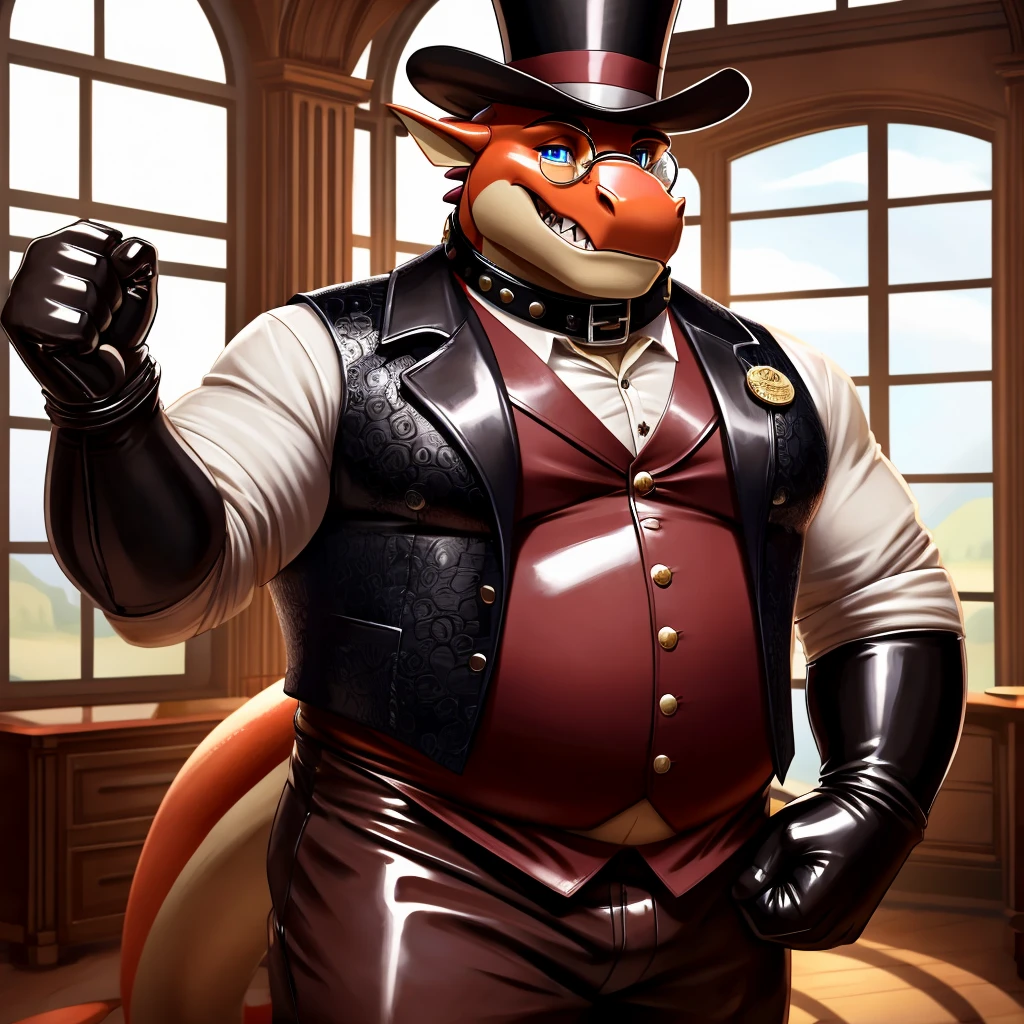 Male, fat, extremely obese, gentleman, dapper Professor Dragon, blue eyes, (posing:1.3), (soft shading), 4k, hi res, ((detailed face, detailed)), looking at viewer, mouth wide open, steampunk, dapper clothing, collared shirt with buttons, top hat, male focus, Explorer Outfit, glasses, monocle, vest with buttons, sleeves rolled up, round eyewear, brown headwear, brown vest, office, Dragon is wearing a glossy leather dog collar around the neck, Dragon is wearing the leather collar and shirt and vest at the same time, Dragon is wearing glossy white rubber gloves on the hands, wearing white rubber gloves on the feet, gloves are rubber in texture, clenching teeth, clenching fists, leather collar is glossy and shiny with a lot of detail, Dragon is wearing gloves and leather collar at the same time, leather collar has a round dog-tag, leather collar is thick and detailed, leather collar is glossy and shiny, fancy clothing, dapper vest, dapper shirt, leather collar is thick, glossy leather collar, Dragon is getting dressed in his dapper vest and dapper leather collar.