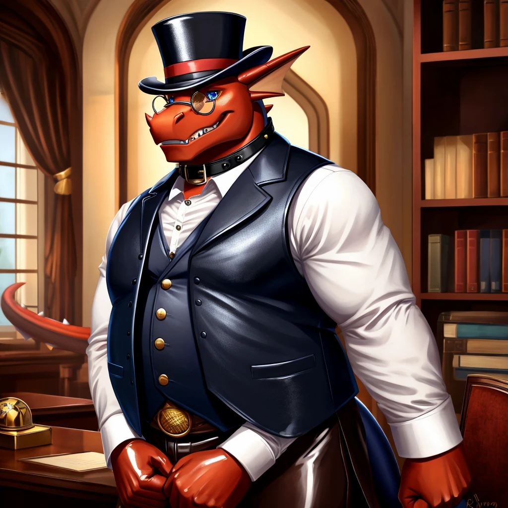 Male, fat, extremely obese, gentleman, dapper Professor Dragon, blue eyes, (posing:1.3), (soft shading), 4k, hi res, ((detailed face, detailed)), looking at viewer, mouth wide open, steampunk, dapper clothing, collared shirt with buttons, top hat, male focus, Explorer Outfit, glasses, monocle, vest with buttons, sleeves rolled up, round eyewear, brown headwear, brown vest, office, Dragon is wearing a glossy leather dog collar around the neck, Dragon is wearing the leather collar and shirt and vest at the same time, Dragon is wearing glossy white rubber gloves on the hands, wearing white rubber gloves on the feet, gloves are rubber in texture, clenching teeth, clenching fists, leather collar is glossy and shiny with a lot of detail, Dragon is wearing gloves and leather collar at the same time, leather collar has a round dog-tag, leather collar is thick and detailed, leather collar is glossy and shiny, fancy clothing, dapper vest, dapper shirt, leather collar is thick, glossy leather collar, Dragon is getting dressed in his dapper vest and dapper leather collar.