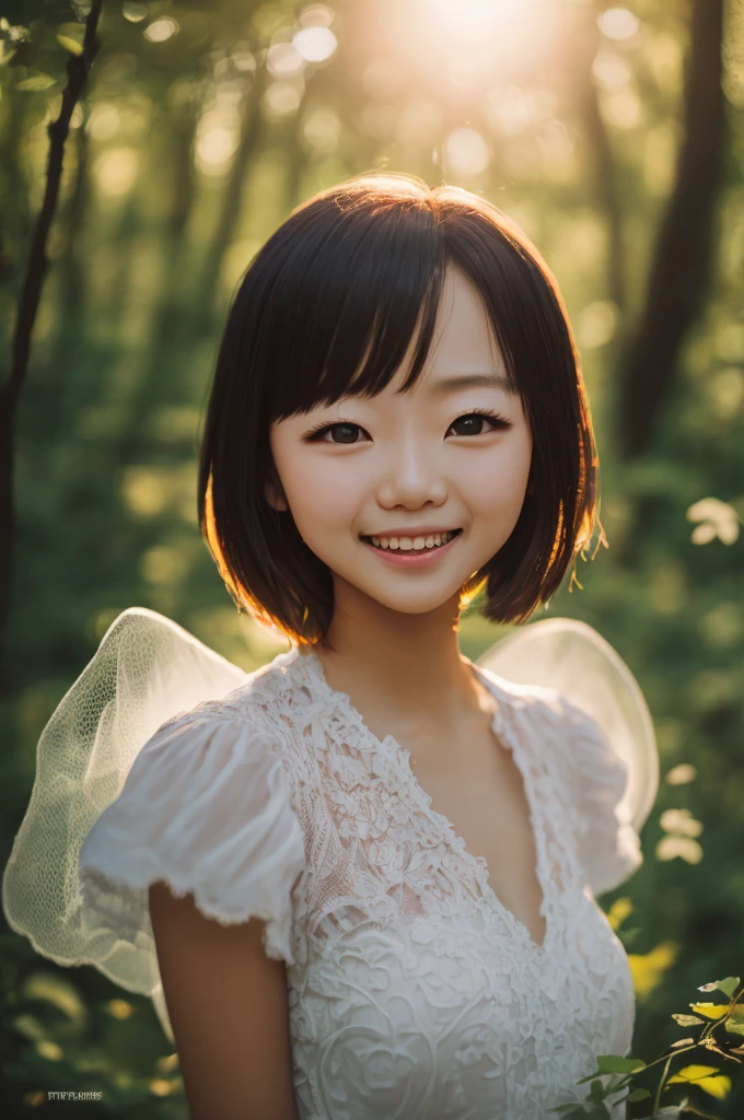 bare, beautiful girl, (((((small)))), Show faces, tongue sticking out, short hair, brown, 8ก, Professional photography, delicate, clear, In the forest, sun, light leak, Masterpiece, (beautiful)))), (reality)))), smile, amazing, angel, young, Shallow depth of field, 50 mm. F 1.8