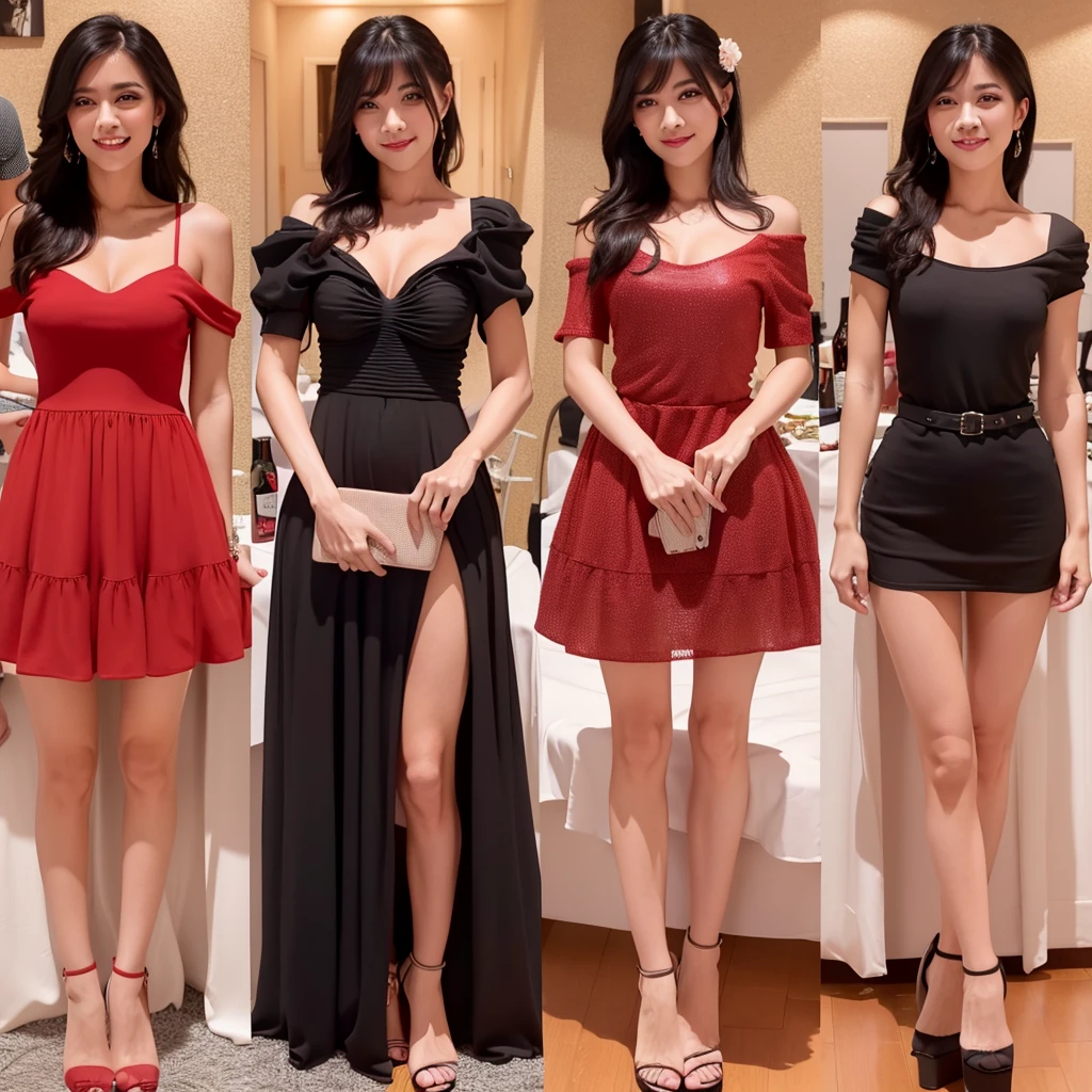 a young woman in a black tight mini stripe off-the-shoulder, red painted nails, cleavage, smile, detailed breasts, perfect skin, beautiful eyes, long eyelashes, flawless makeup, elegant hairstyle, photorealistic, 8k, highly detailed, studio lighting, fashion photography, at wedding