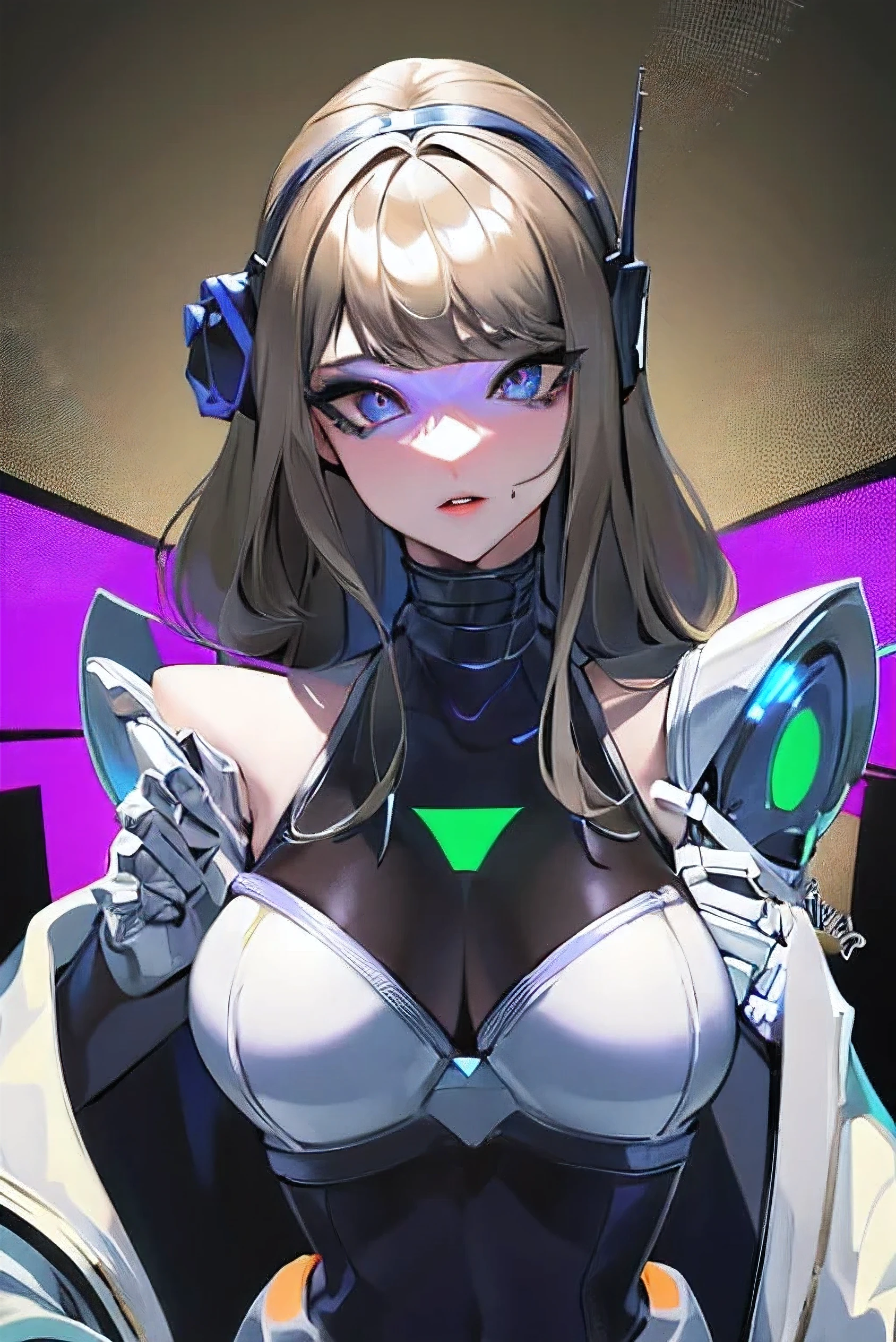 empty eyes,robotized woman ,big bust,Robot Joint ,Metal skin,Black Suit