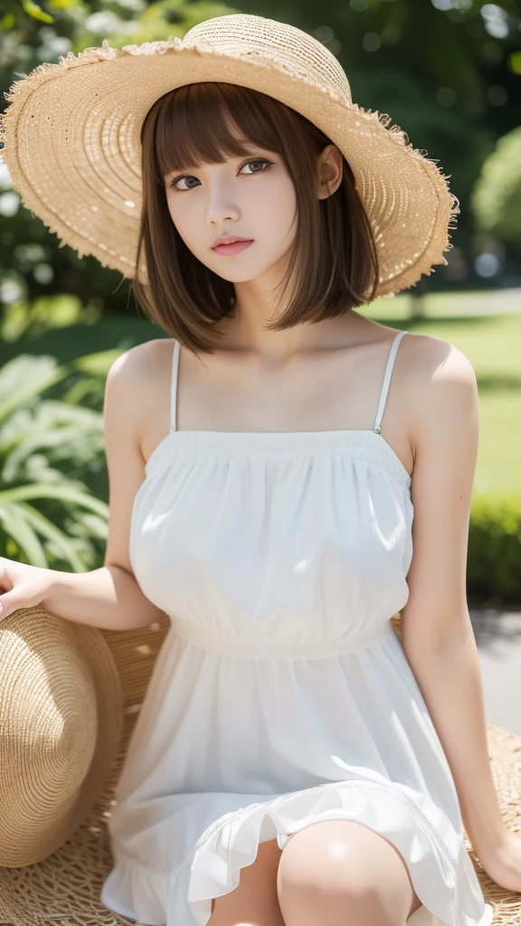 Ultra-high resolution, Superior Quality, Highest quality, Very detailed, Realistic, 8k, RAW Photos, Highest quality, masterpiece, Attractive girl, Awesome girl, Brown Hair, Shoulder-length layers, Asymmetrical bangs, K-POPアイドル, Sophisticated, stylish, White dress、Straw hat、Shibuya Ward, Short Hair、Park Background